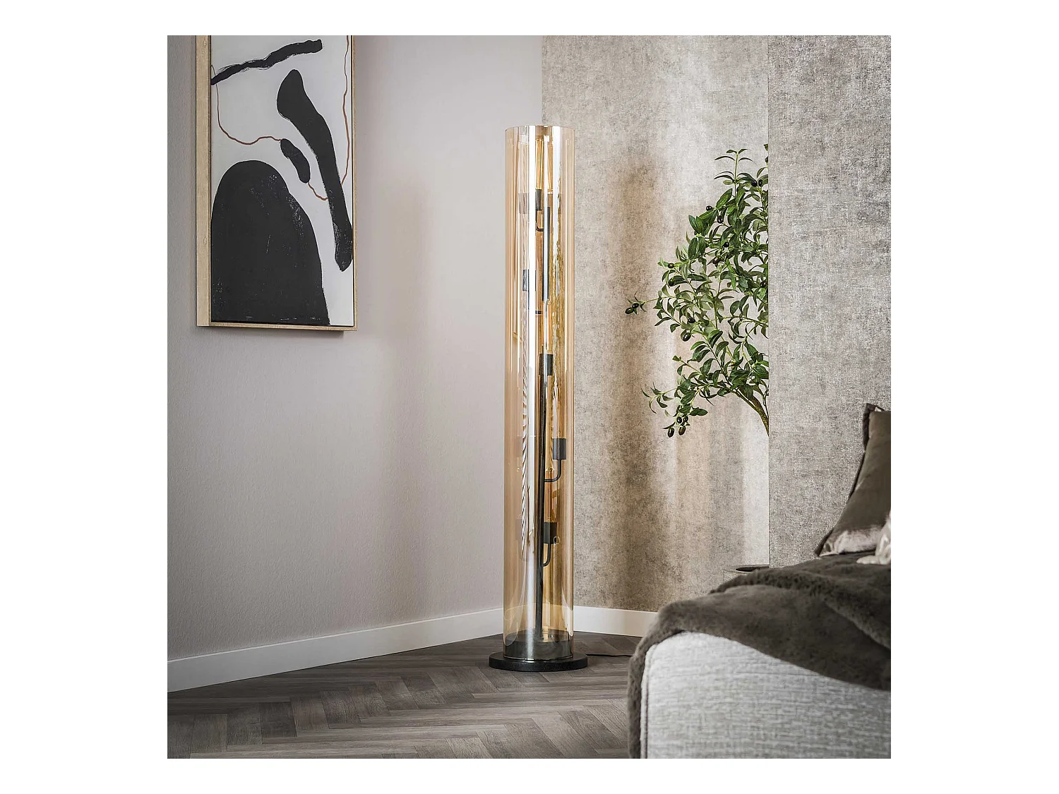 Vloerlamp 5L Tube Amber Glas - Artic Zwart