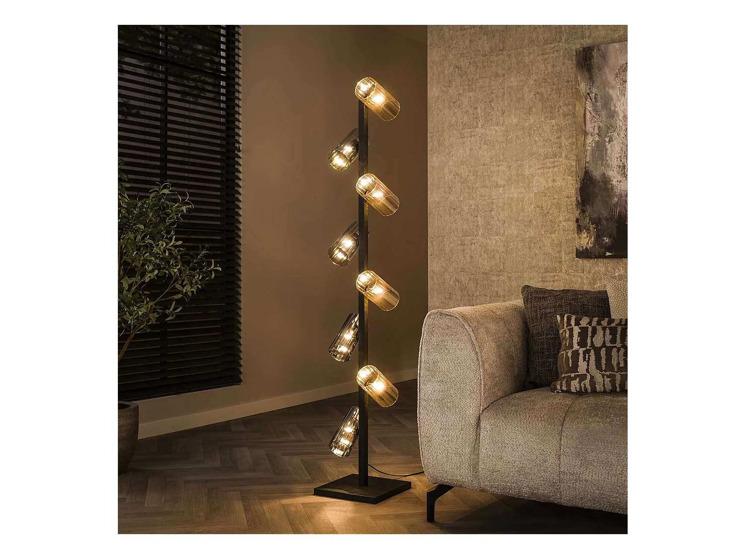 Lampadaire 8L Cylindre Verre Mixte (G9) - Noir Artic
