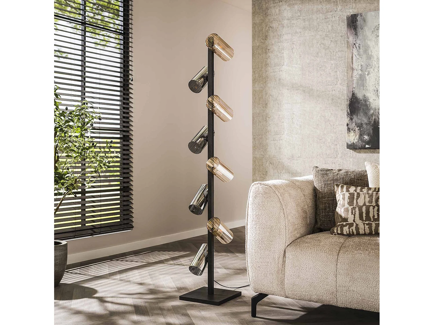 Lampadaire 8L Cylindre Verre Mixte (G9) - Noir Artic