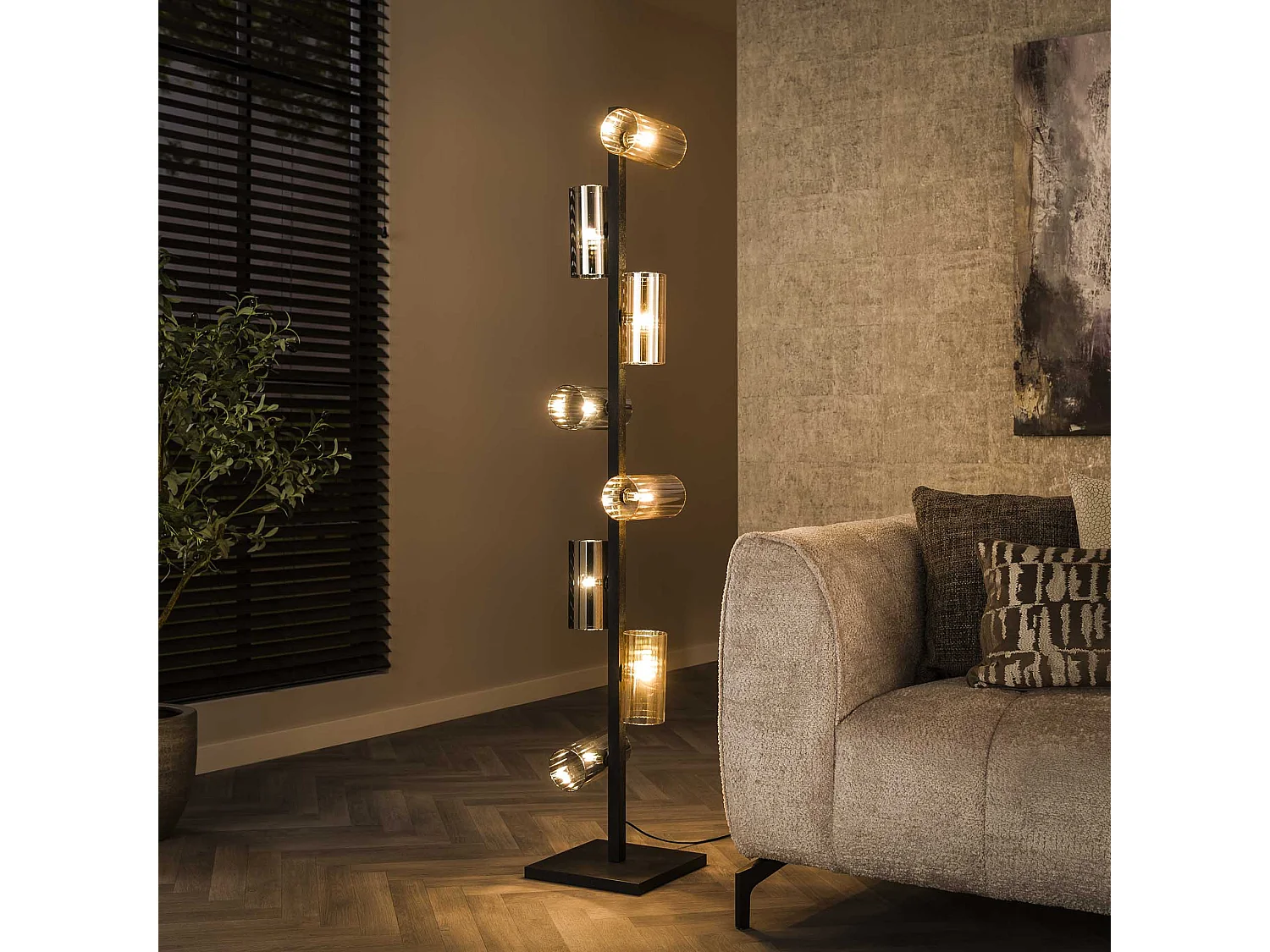 Lampadaire 8L Cylindre Verre Mixte (G9) - Noir Artic