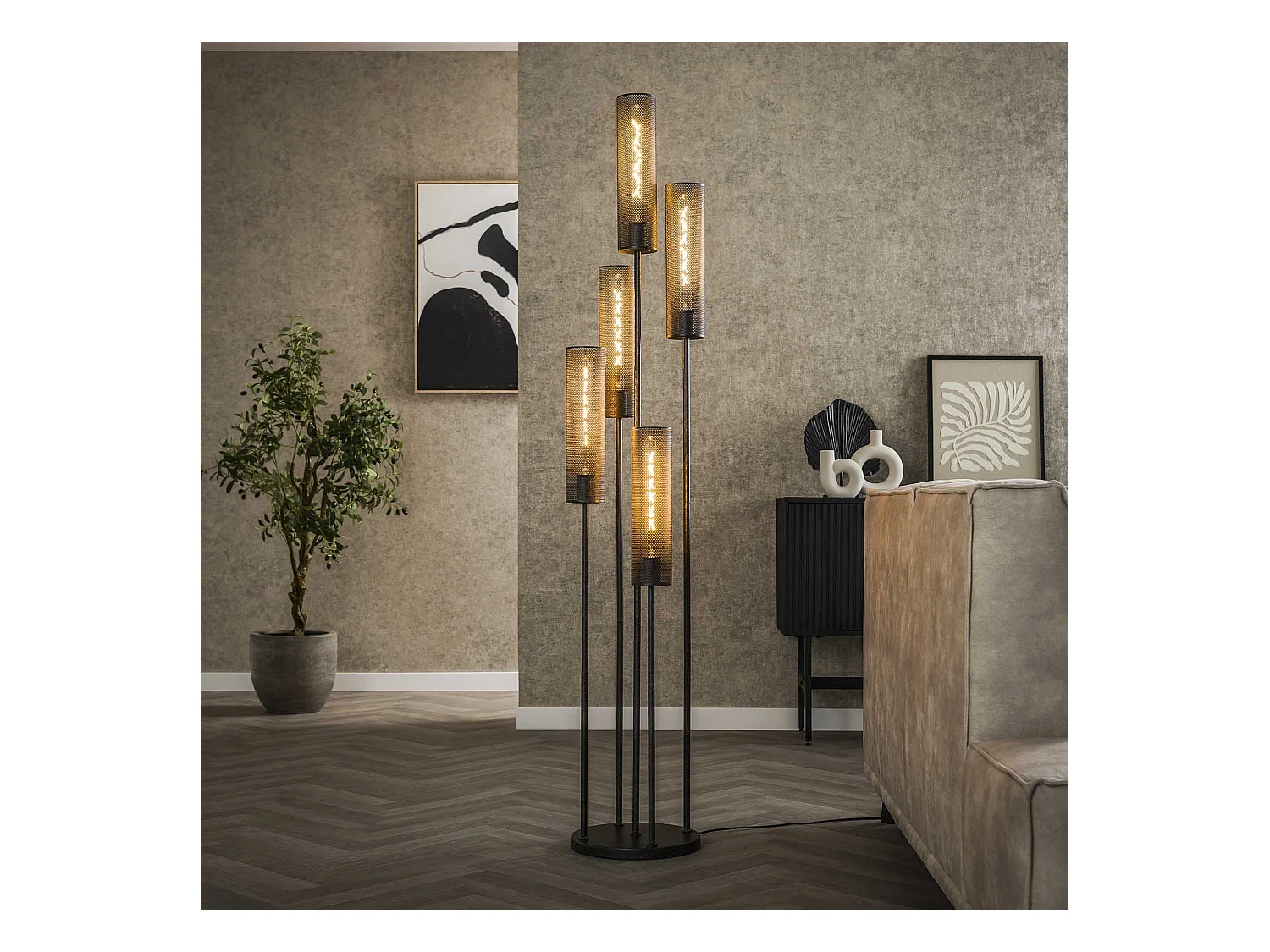 Lampadaire 5L Stepped Tube Mesh - Noir Artic