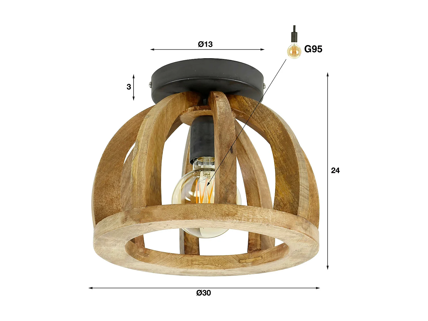 Plafondlamp Gebogen Houten Spijl - Massief Mangohout
