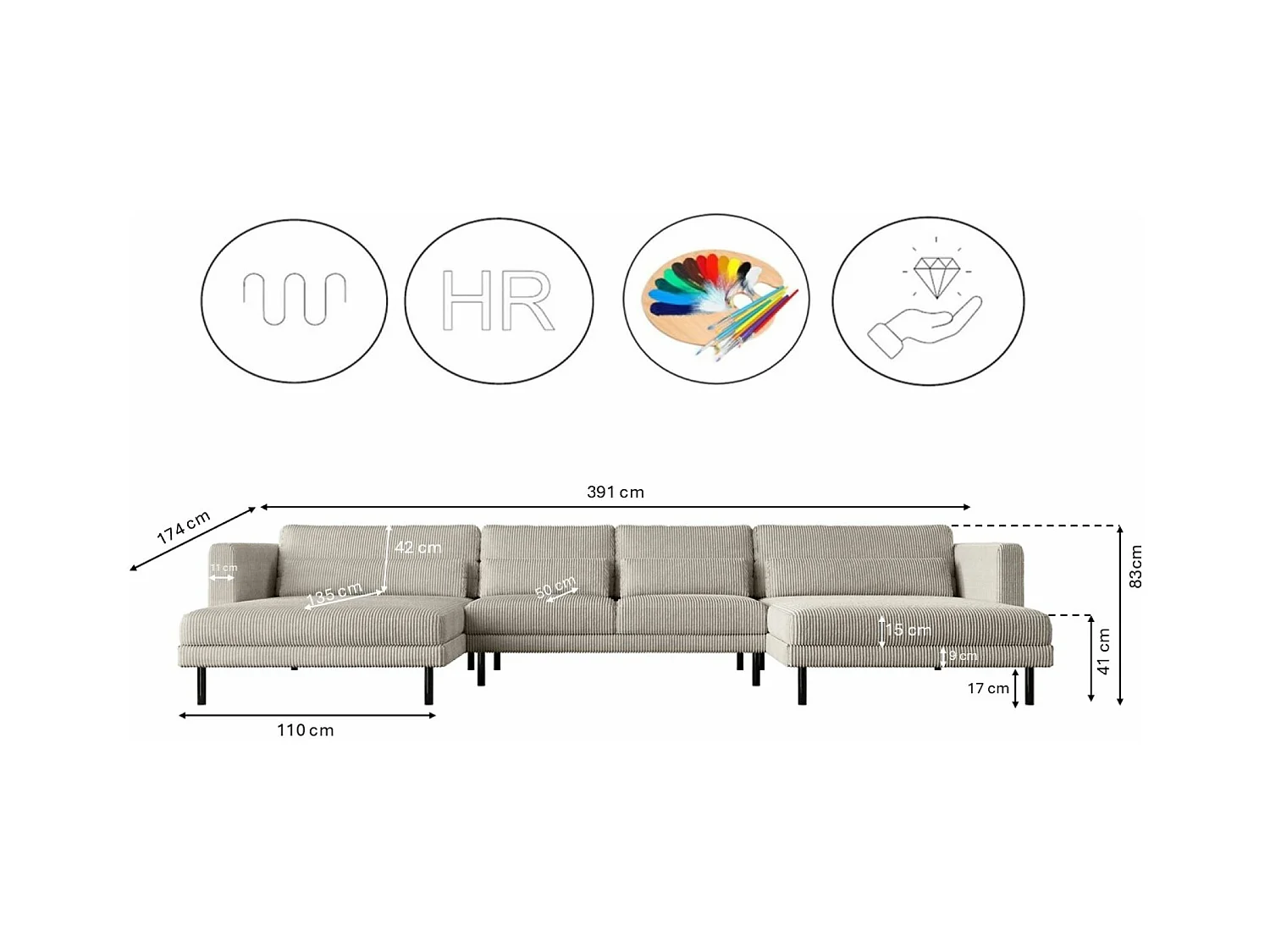 Canapé d'angle DANI en U Tissu élégant Poso Beige