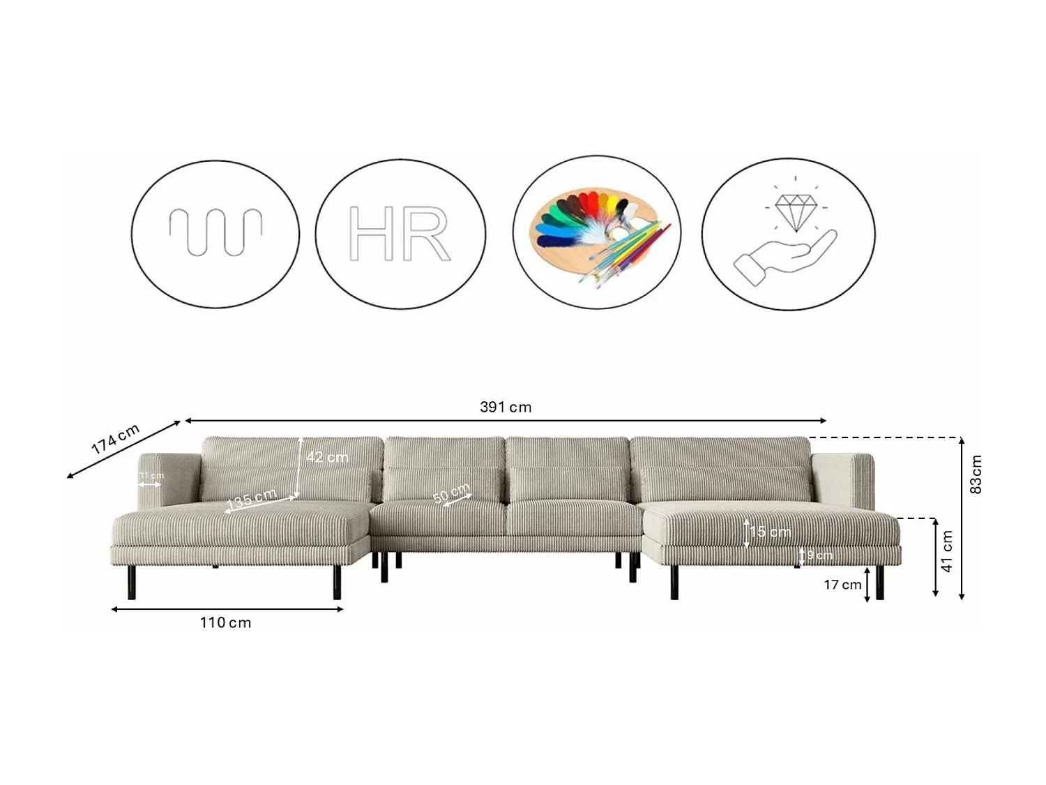 Canapé d'angle DANI en U Tissu élégant Poso Beige