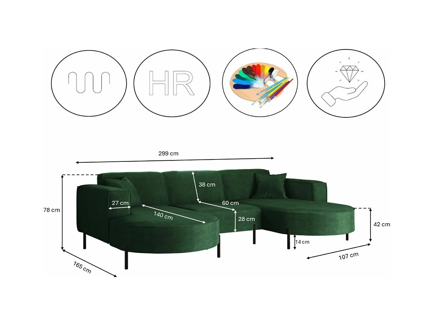 Canapé d'angle, Canapé Designer Modena U Pure tissu Noel Green