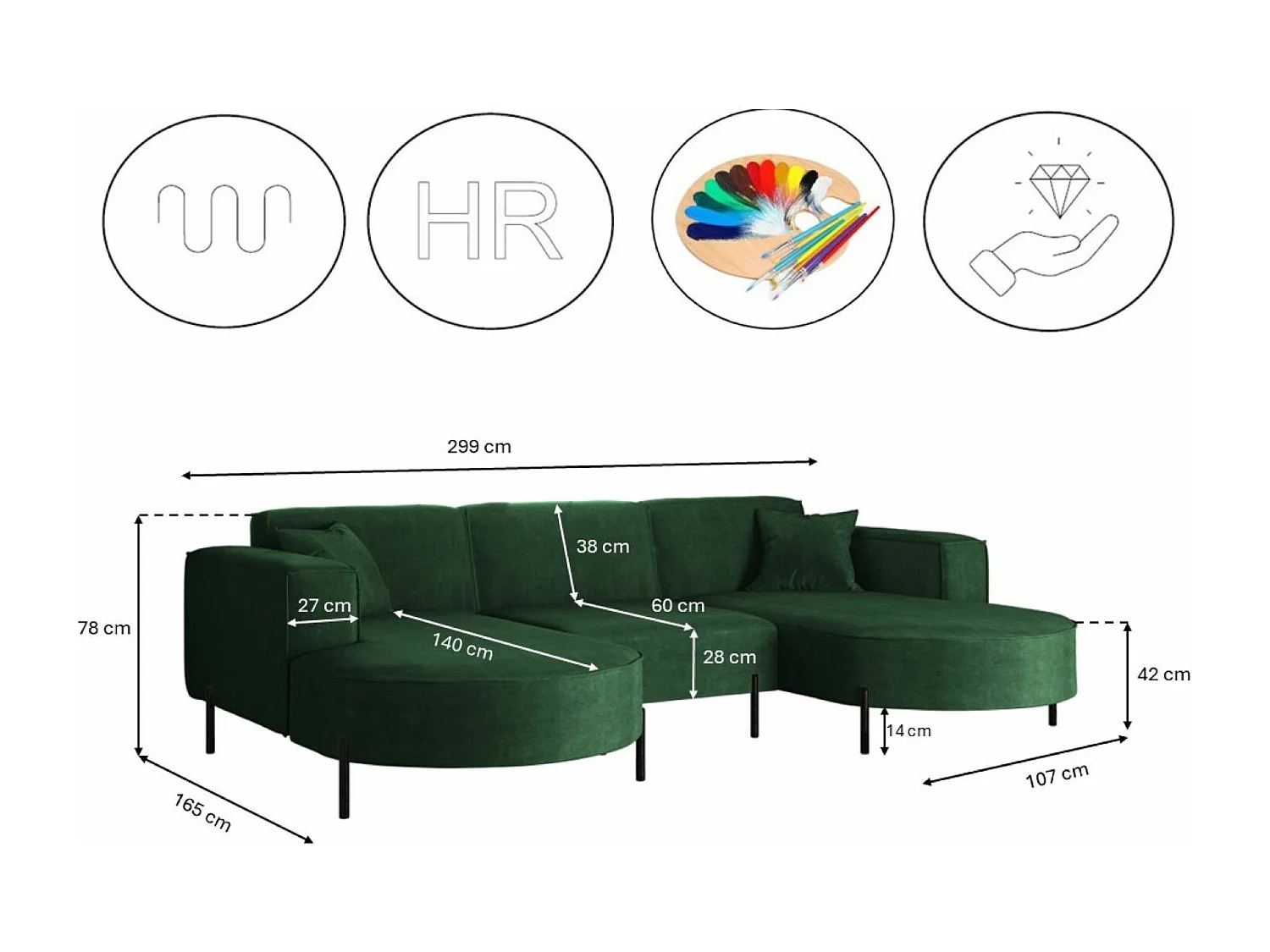 Canapé d'angle, Canapé Designer Modena U Pure tissu Noel Green