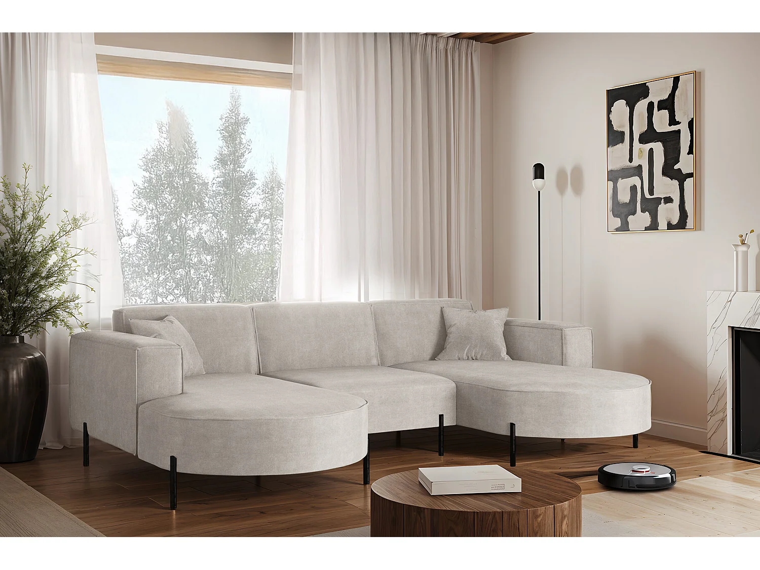 Canapé d'angle, Canapé Designer Modena U Pure tissu Noel Gris Clair