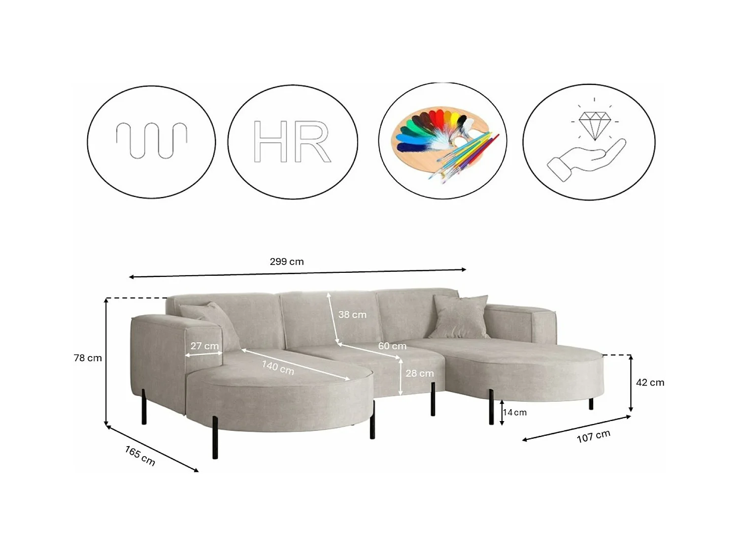 Canapé d'angle, Canapé Designer Modena U Pure tissu Noel Gris Clair