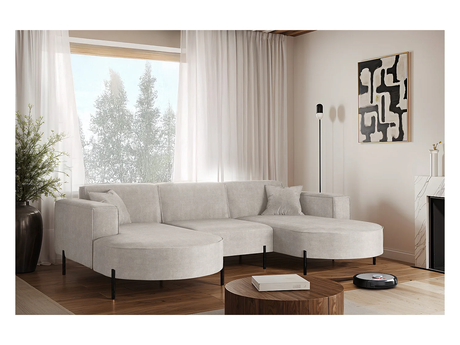 Ecksofa, Sofa  Designer Modena U Rein stoff Noel Hellgrau