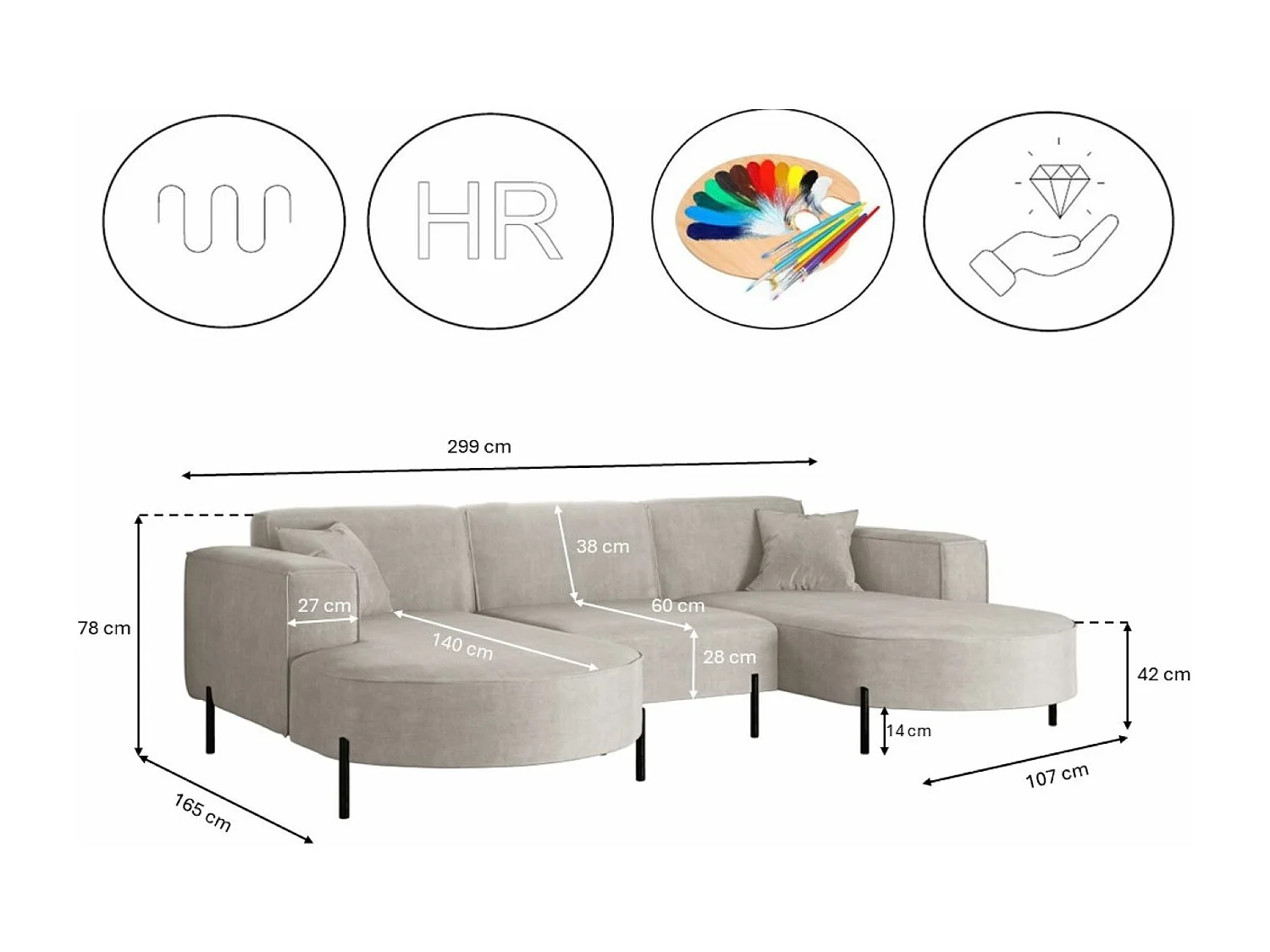 Canapé d'angle, Canapé Designer Modena U Pure tissu Noel Gris Clair