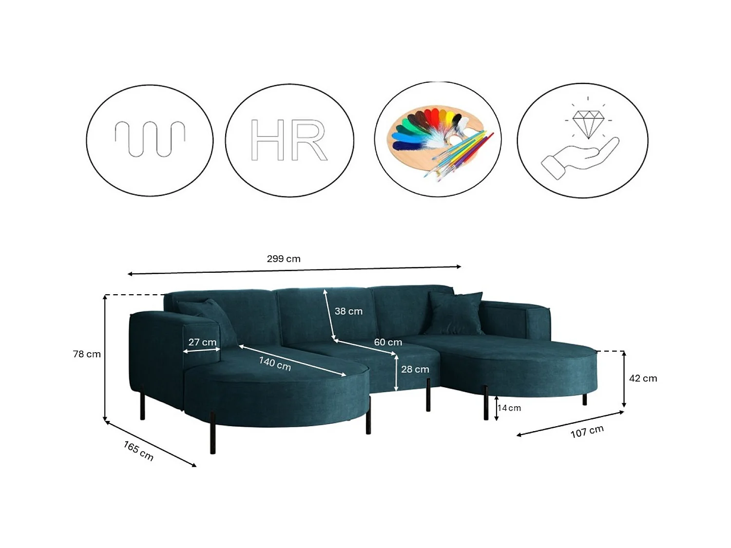 Canapé d'angle, Canapé Designer Modena U Pure tissu Noel Bleu