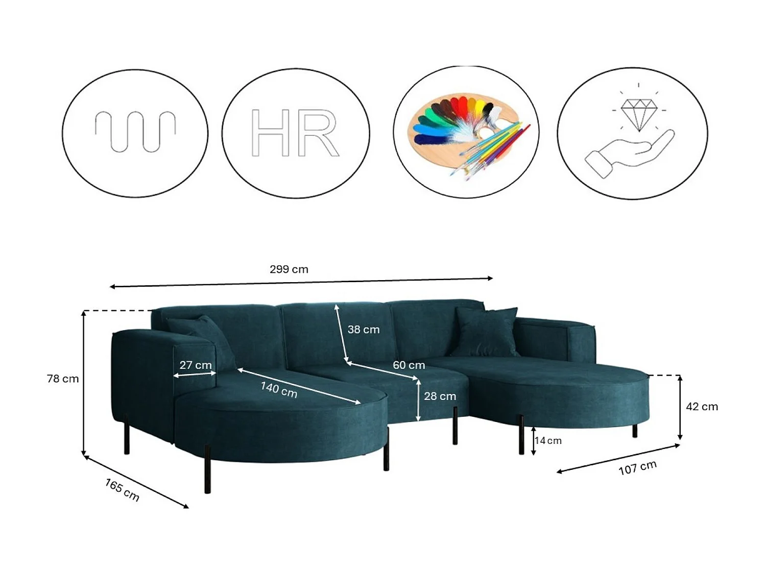 Canapé d'angle, Canapé Designer Modena U Pure tissu Noel Bleu