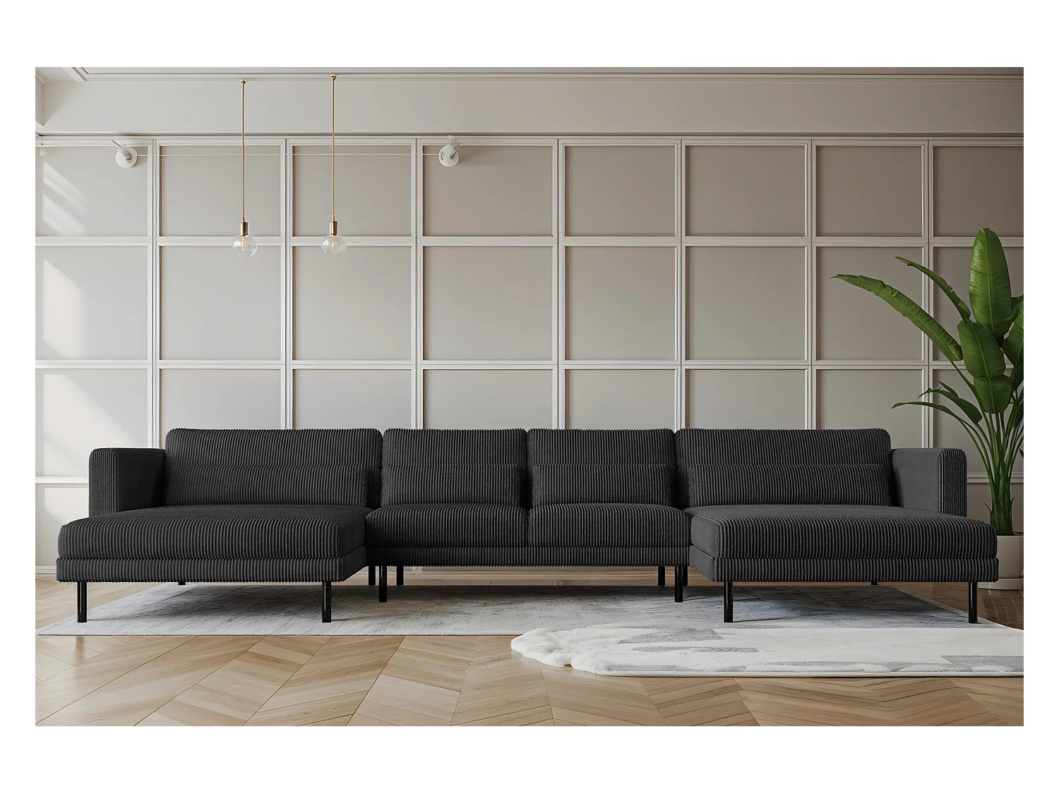 Canapé d'angle DANI en U Tissu élégant Poso Noir