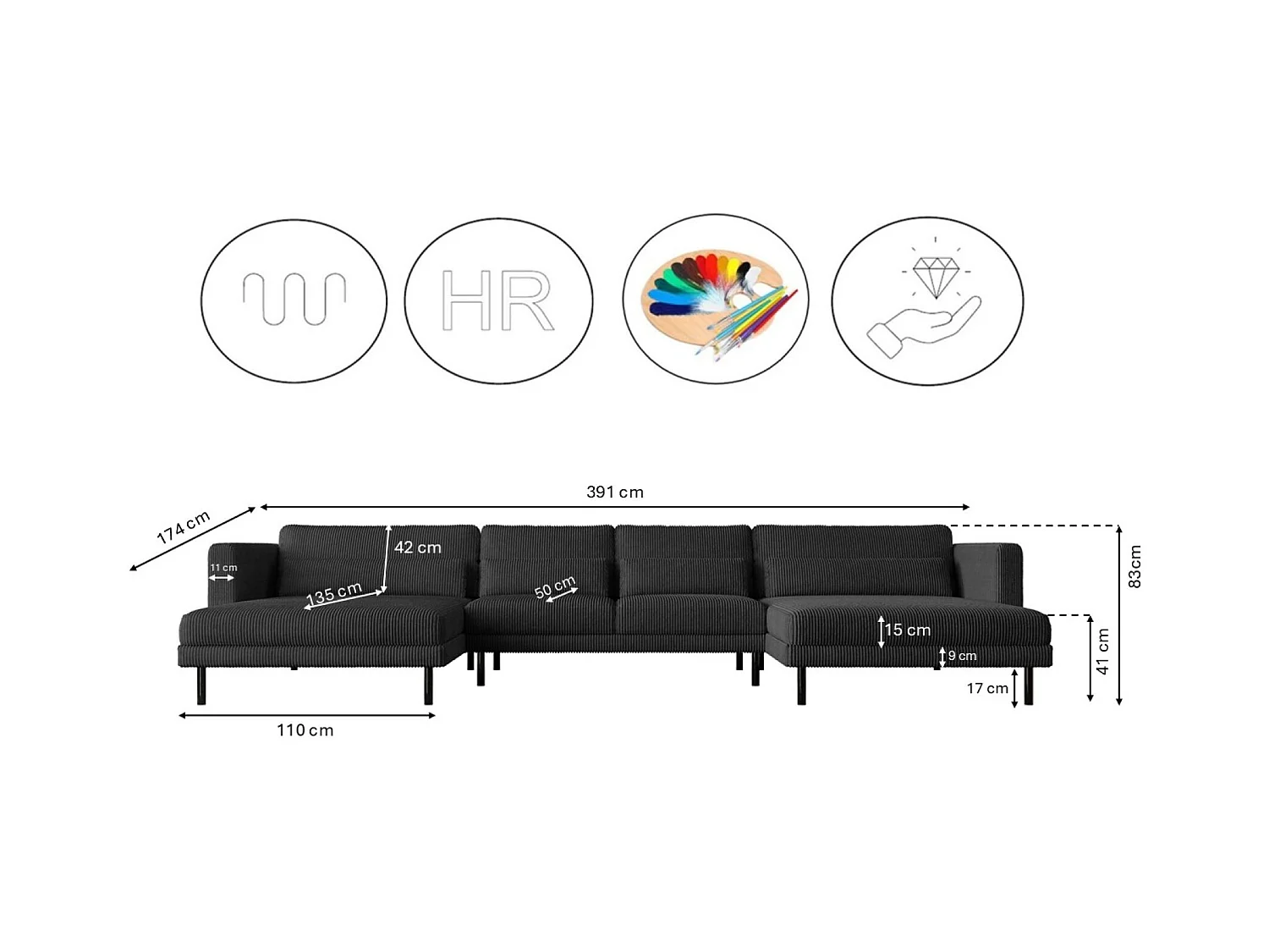 Canapé d'angle DANI en U Tissu élégant Poso Noir