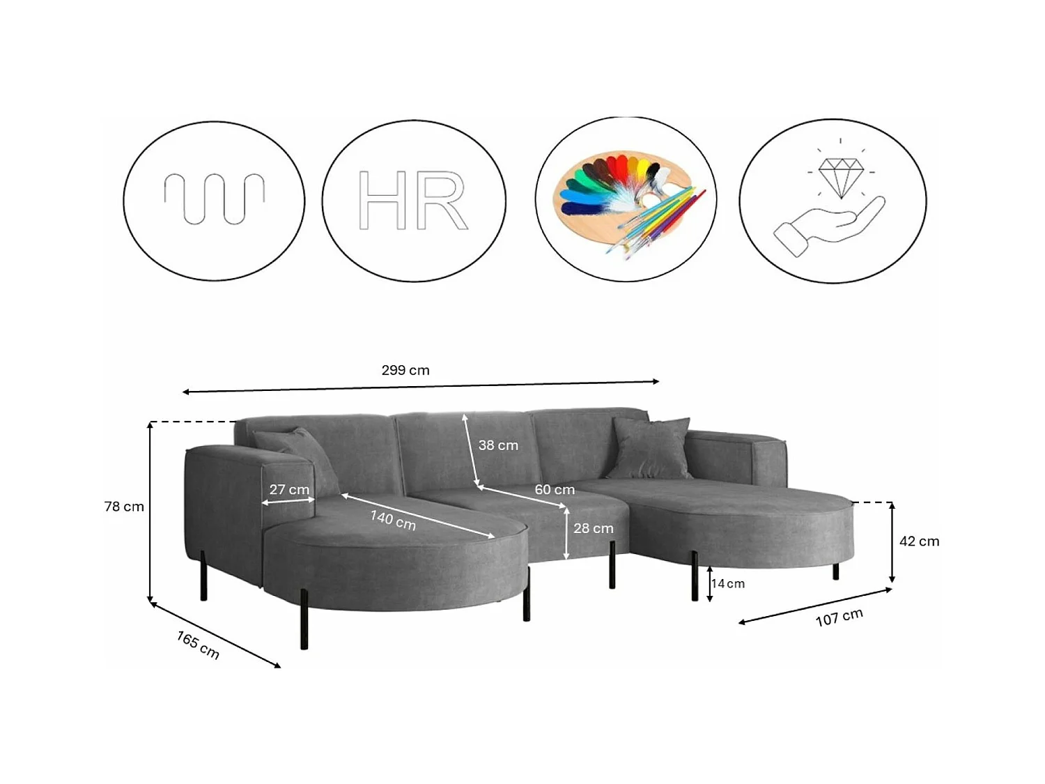 Canapé d'angle, Canapé Designer Modena U Pure tissu Noel Ash Grey
