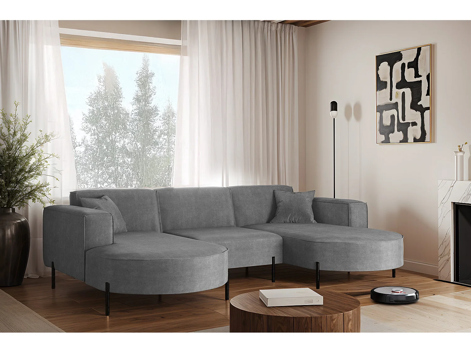 Canapé d'angle, Canapé Designer Modena U Pure tissu Noel Ash Grey