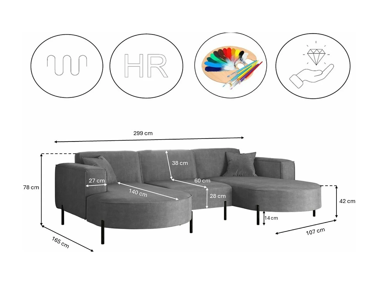 Canapé d'angle, Canapé Designer Modena U Pure tissu Noel Ash Grey