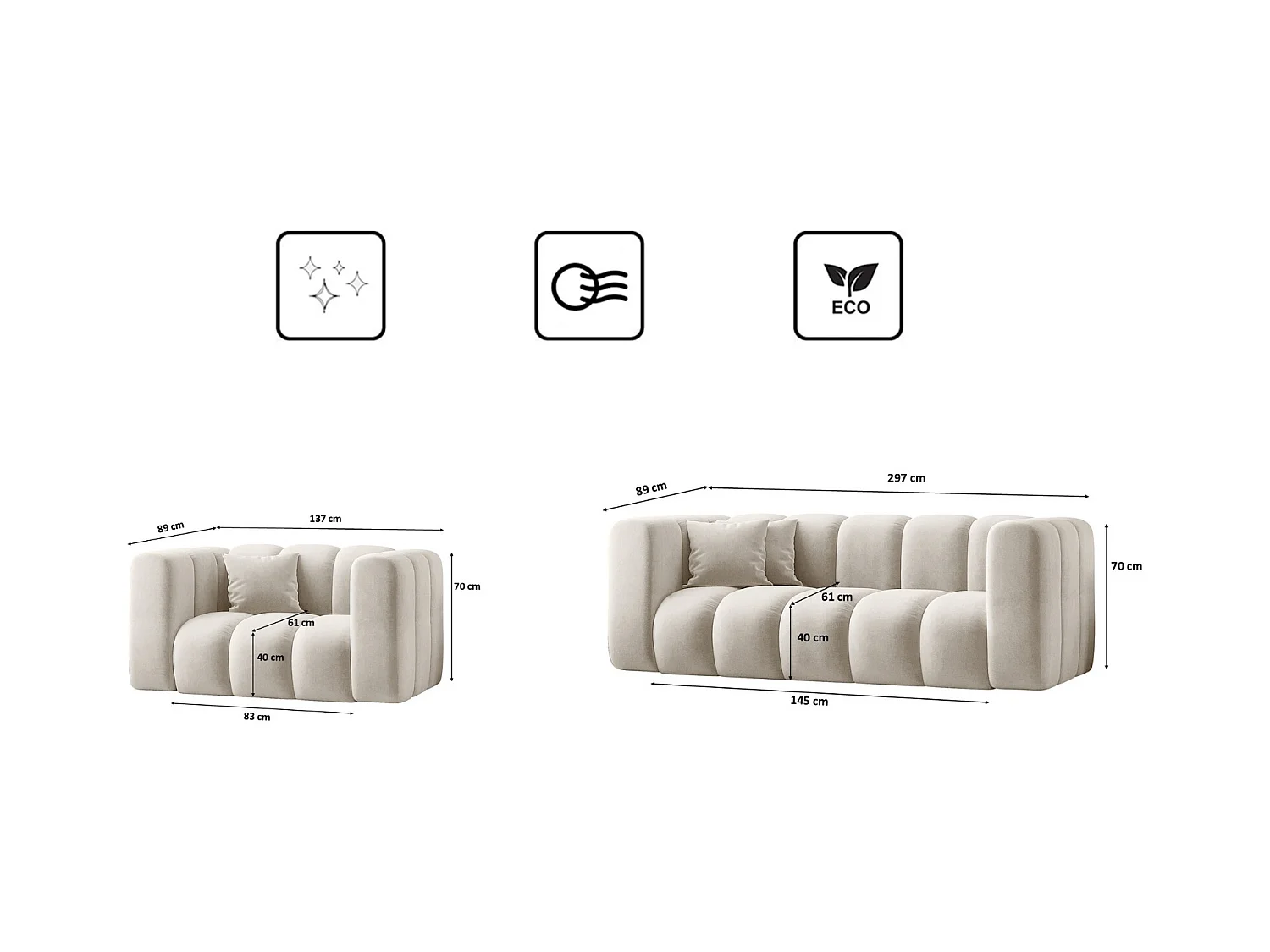 Ensemble de canapés 2+1+1 série Grand stilvol, tissu Salvador gris clair
