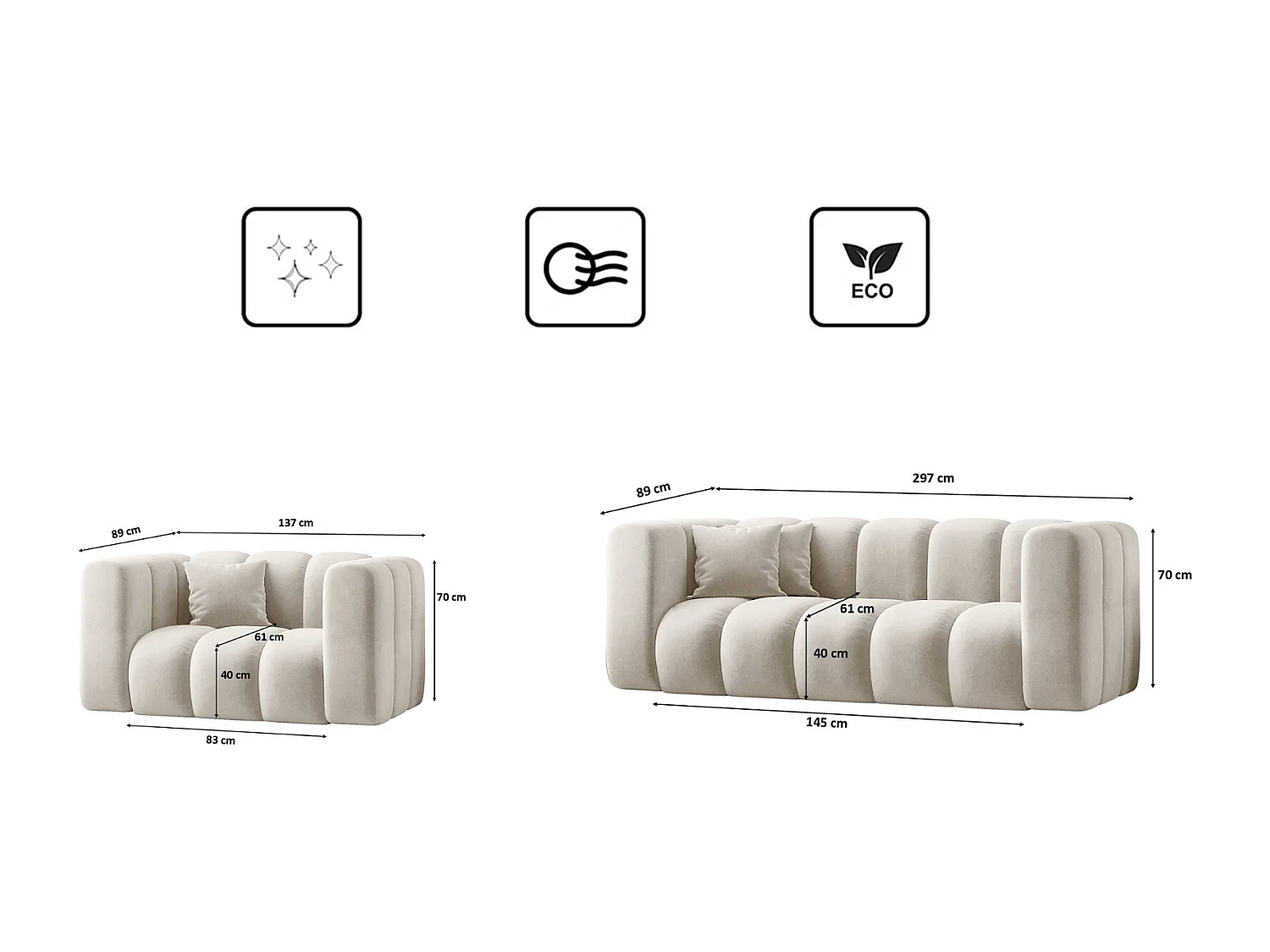 Ensemble de canapés 2+1+1 série Grand stilvol, tissu Salvador gris clair
