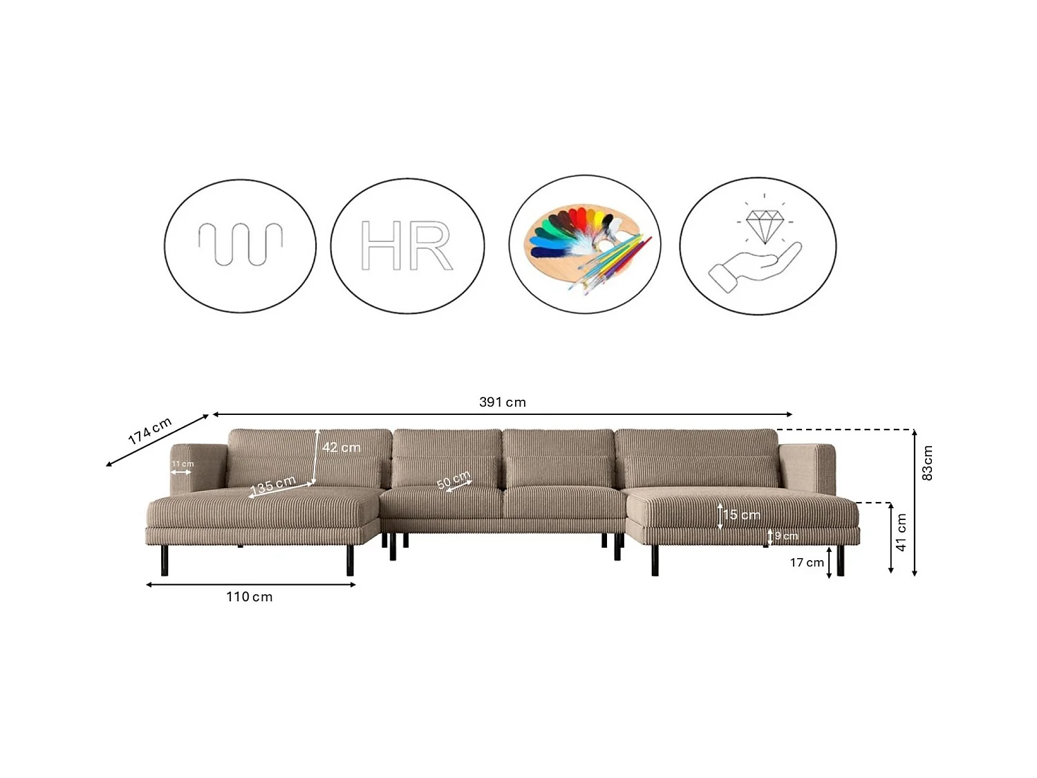 Canapé d'angle DANI en U Tissu élégant Poso beige foncé