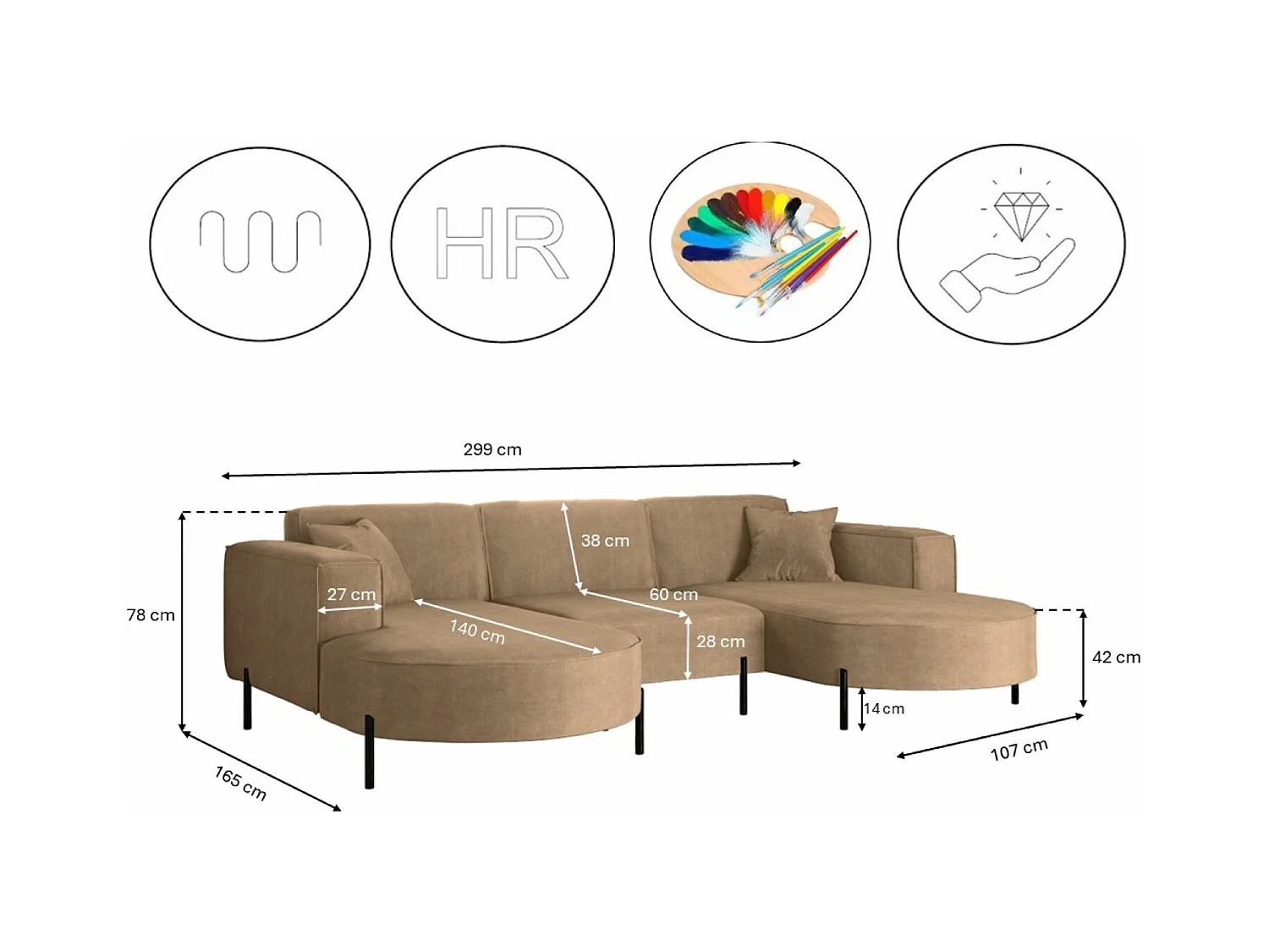 Canapé d'angle, Canapé Designer Modena U Pure tissu Noel Beige