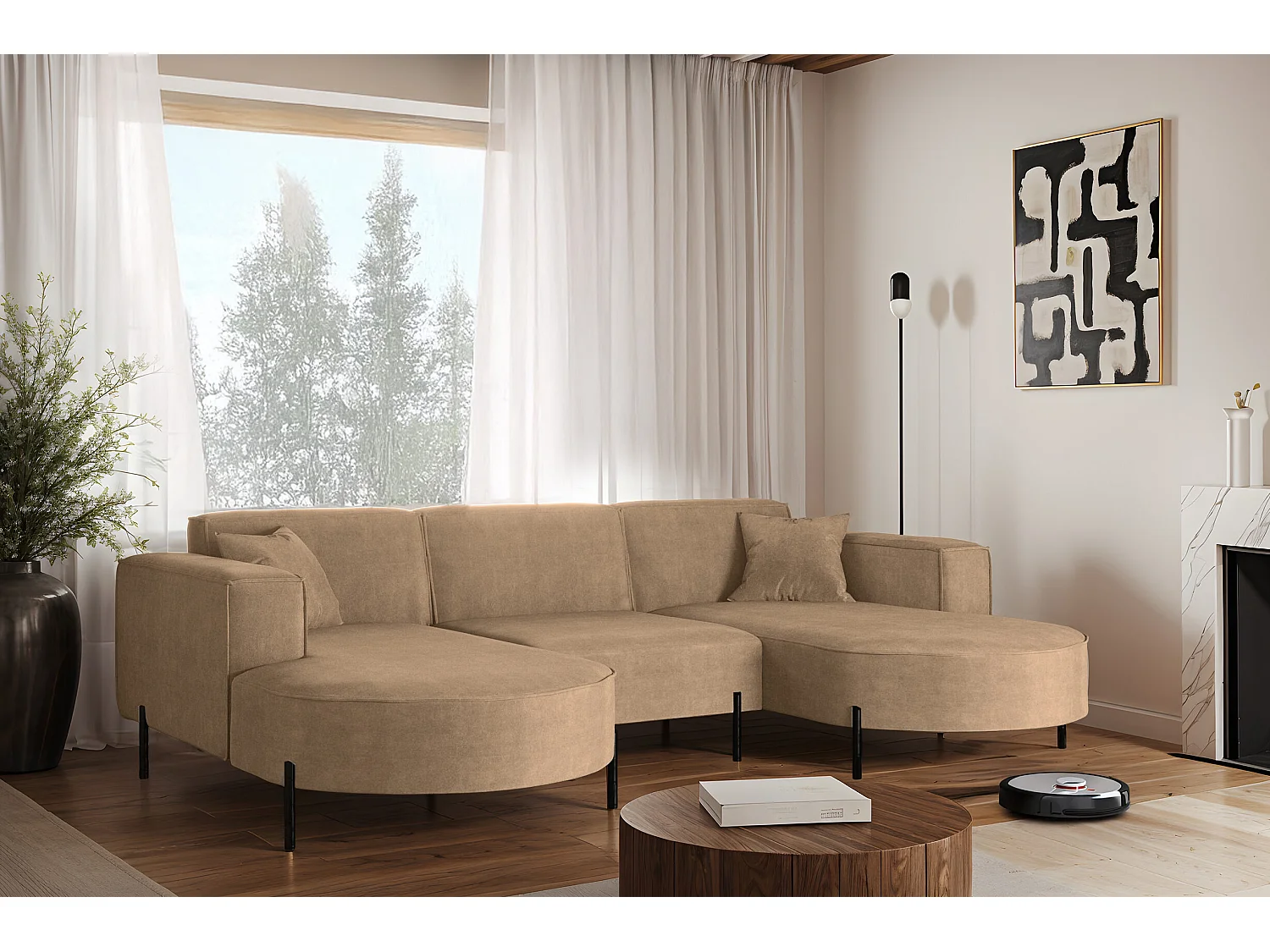 Canapé d'angle, Canapé Designer Modena U Pure tissu Noel Beige