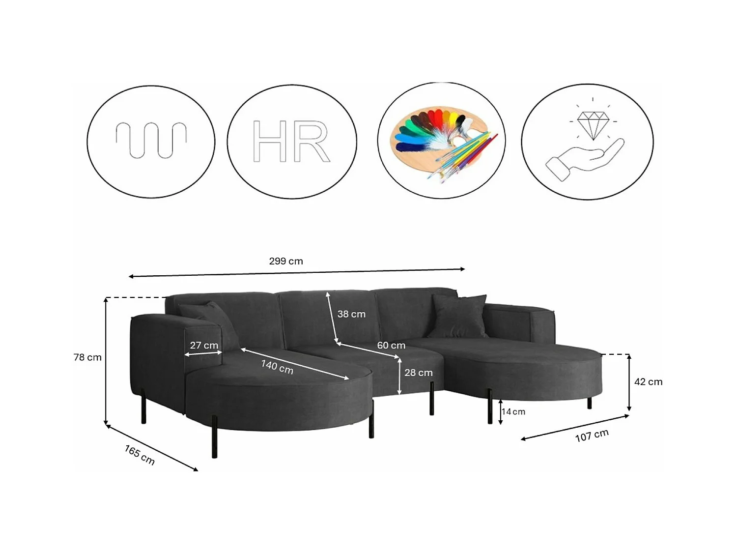 Canapé d'angle, Canapé Designer Modena U Pure tissu Noel Gris Foncé