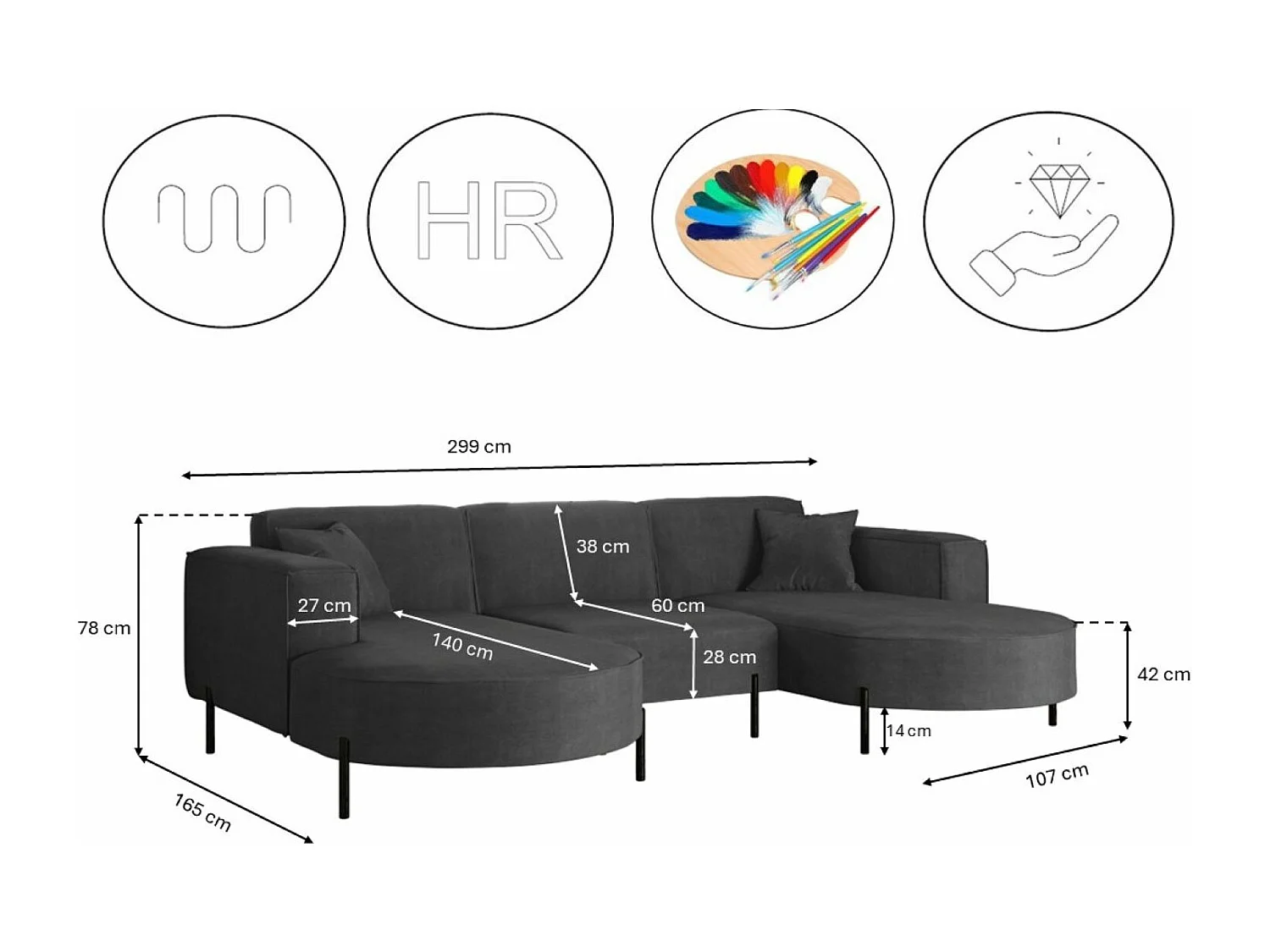 Canapé d'angle, Canapé Designer Modena U Pure tissu Noel Gris Foncé