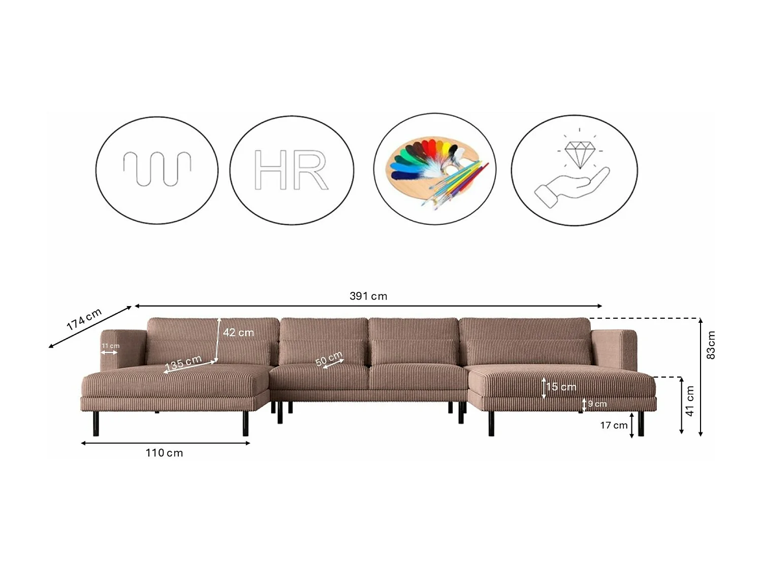 Canapé d'angle DANI en U Tissu élégant Poso Rosa