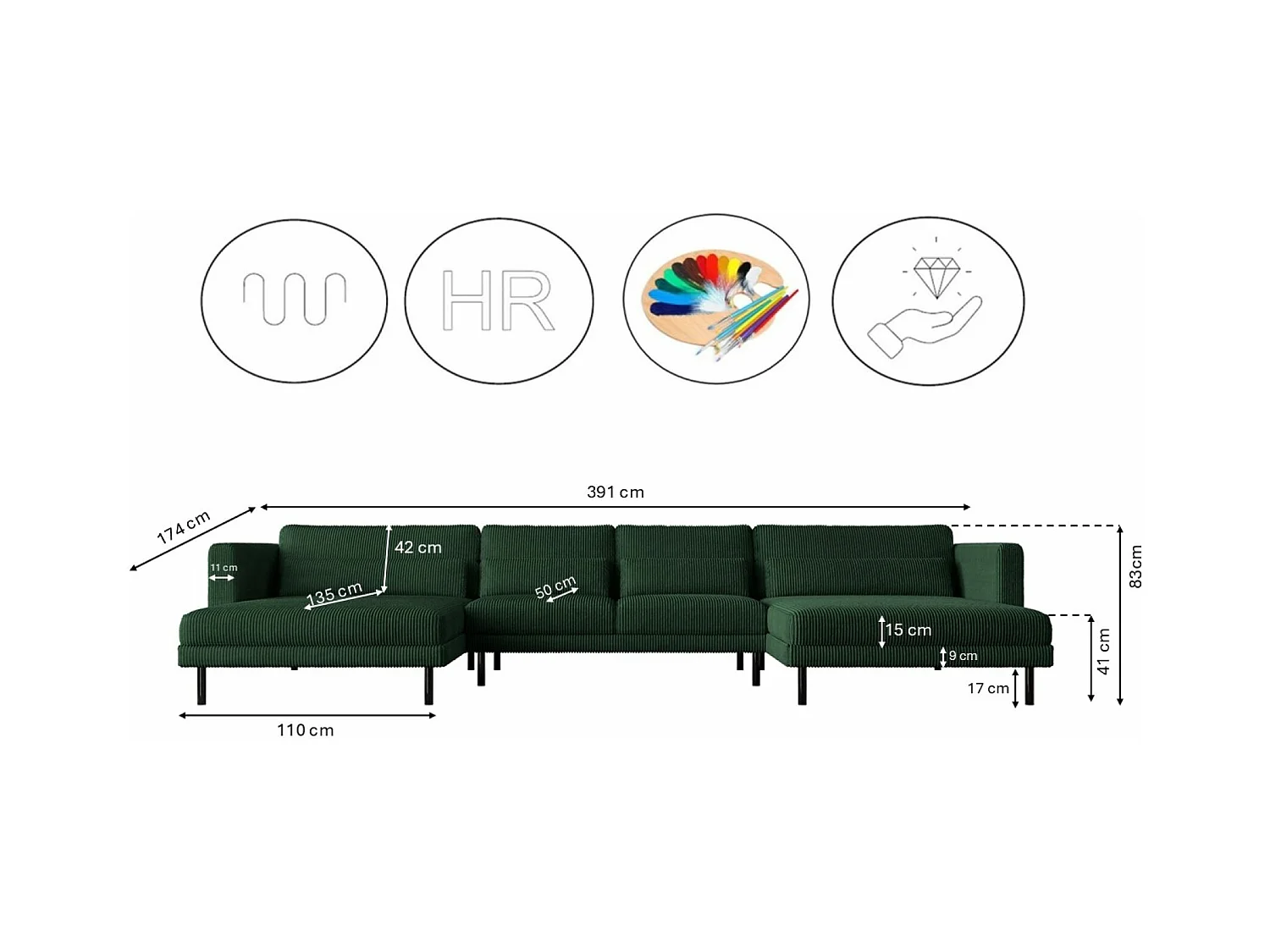 Canapé d'angle DANI en U Tissu élégant Poso Green