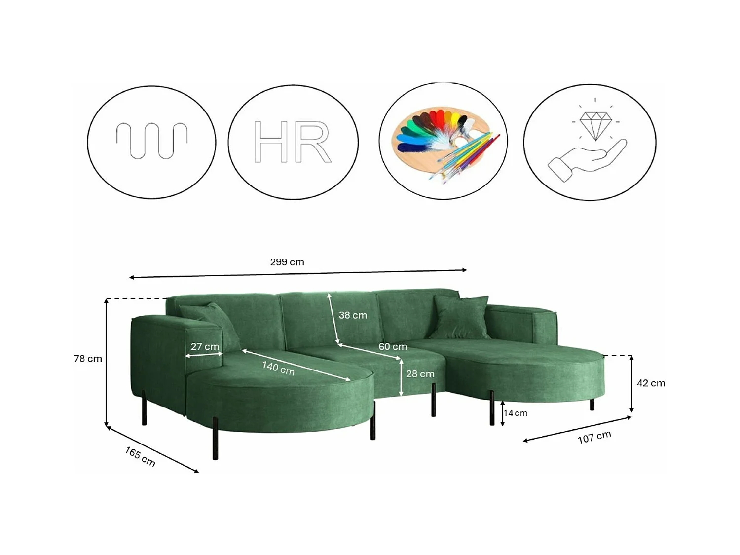 Canapé d'angle, Canapé Designer Modena U Pure tissu Noel Pistache