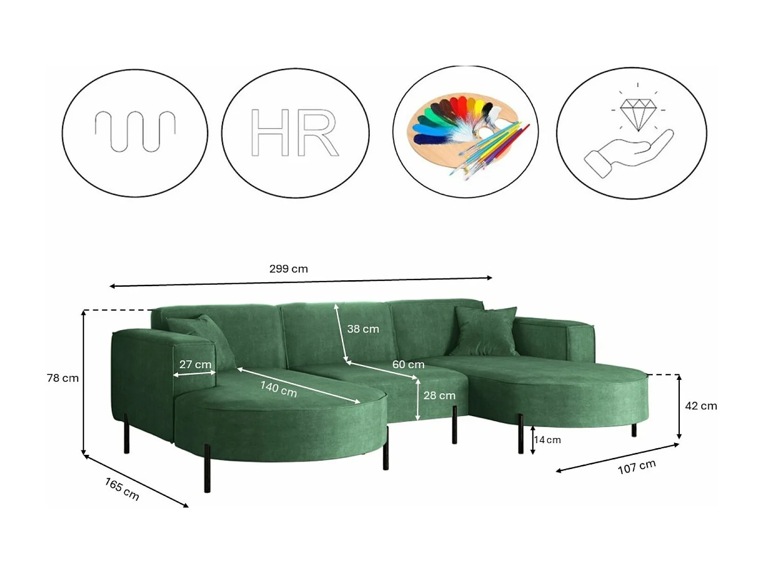 Canapé d'angle, Canapé Designer Modena U Pure tissu Noel Pistache