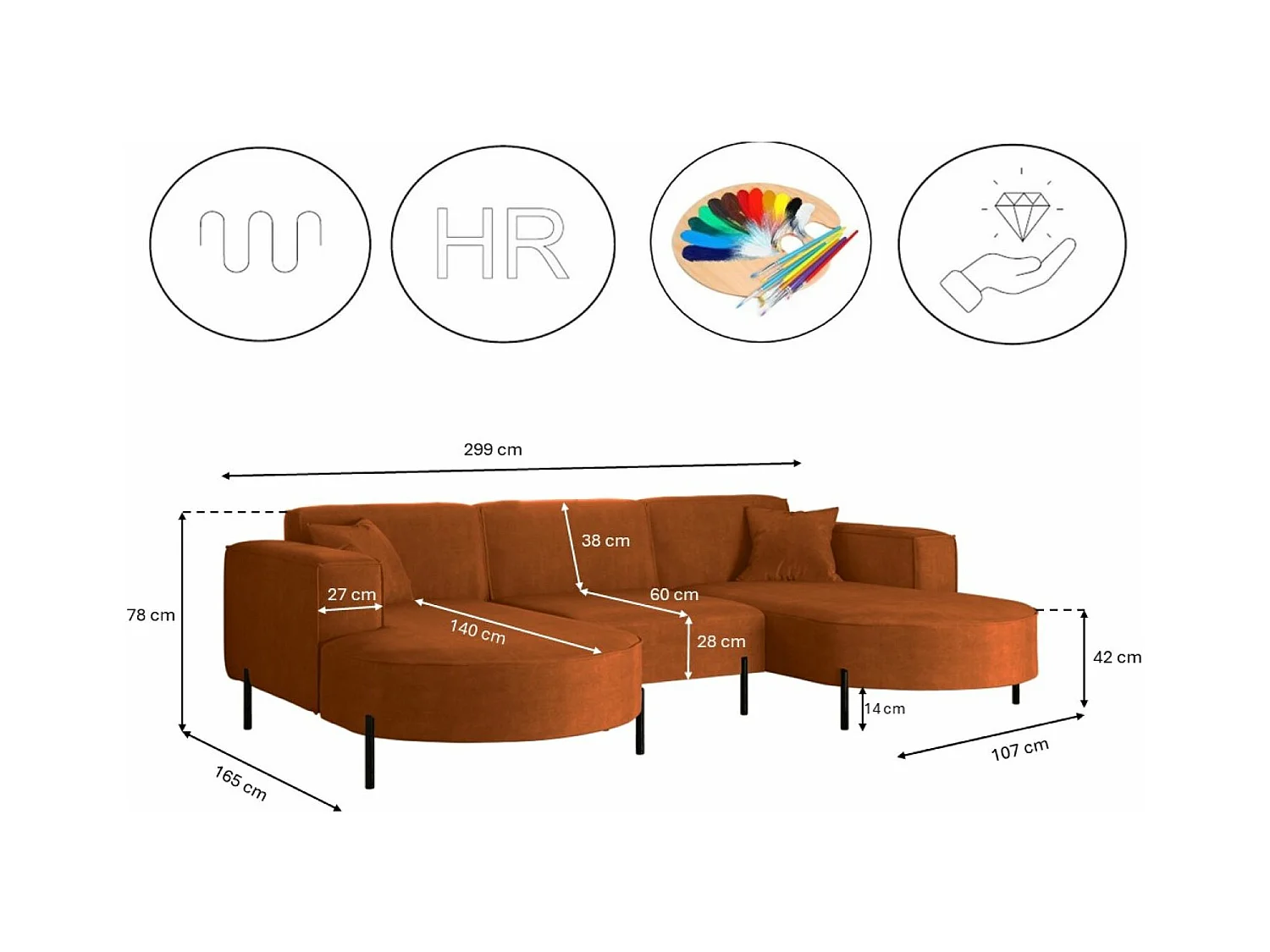 Canapé d'angle, Canapé Designer Modena U Pure tissu Noel Orange