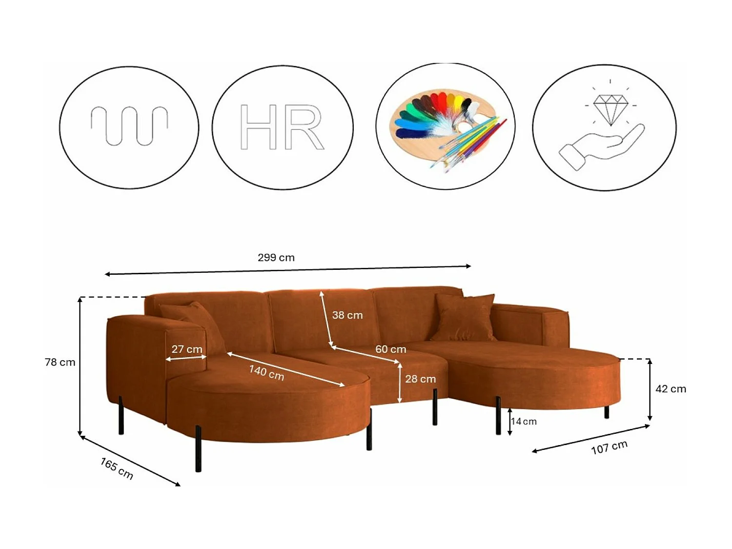 Canapé d'angle, Canapé Designer Modena U Pure tissu Noel Orange
