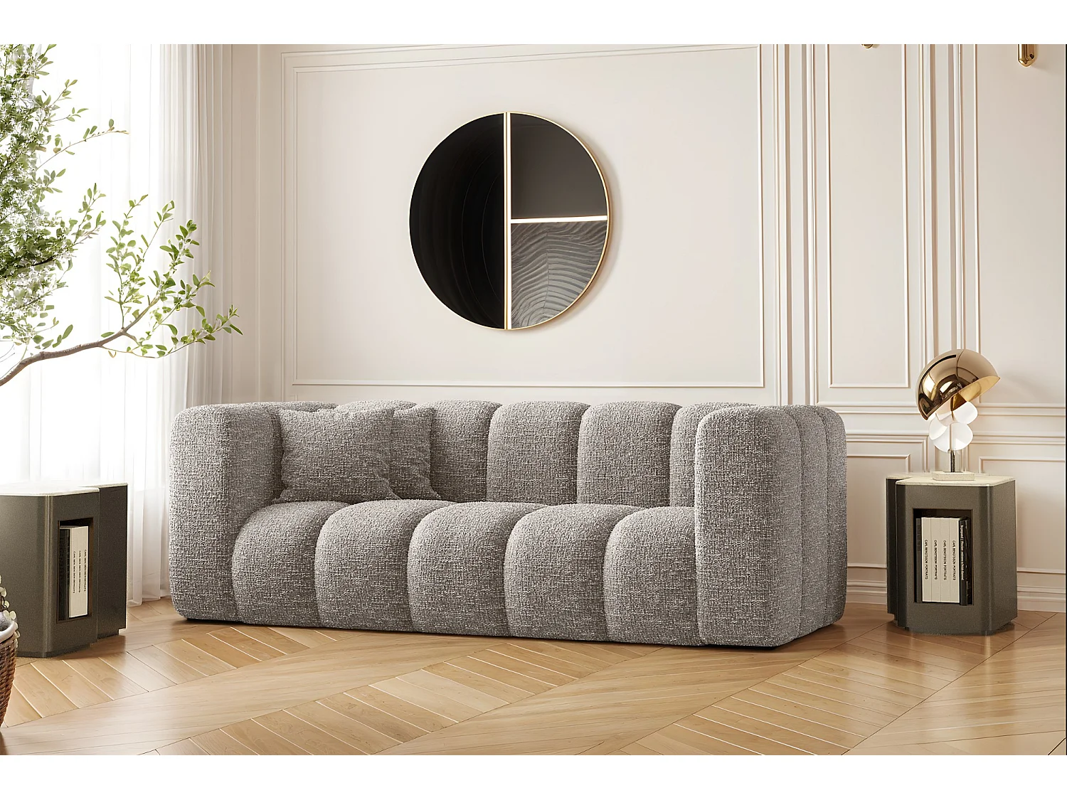 Canapé, Sofa, Canapé deux places Grand Modulaire Tissu Haga Gris Clair