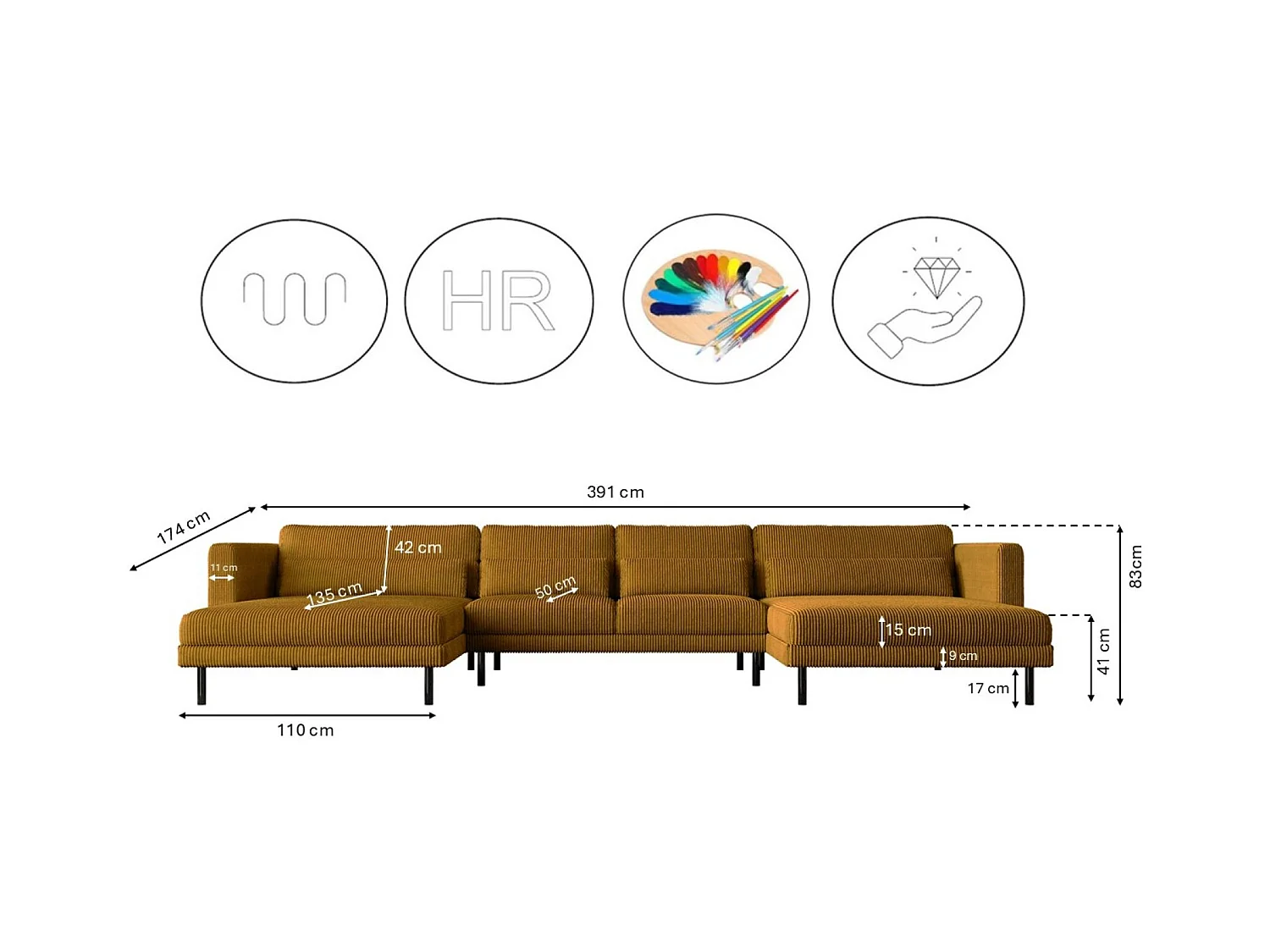 Canapé d'angle DANI en U Tissu élégant Poso couleur moutarde