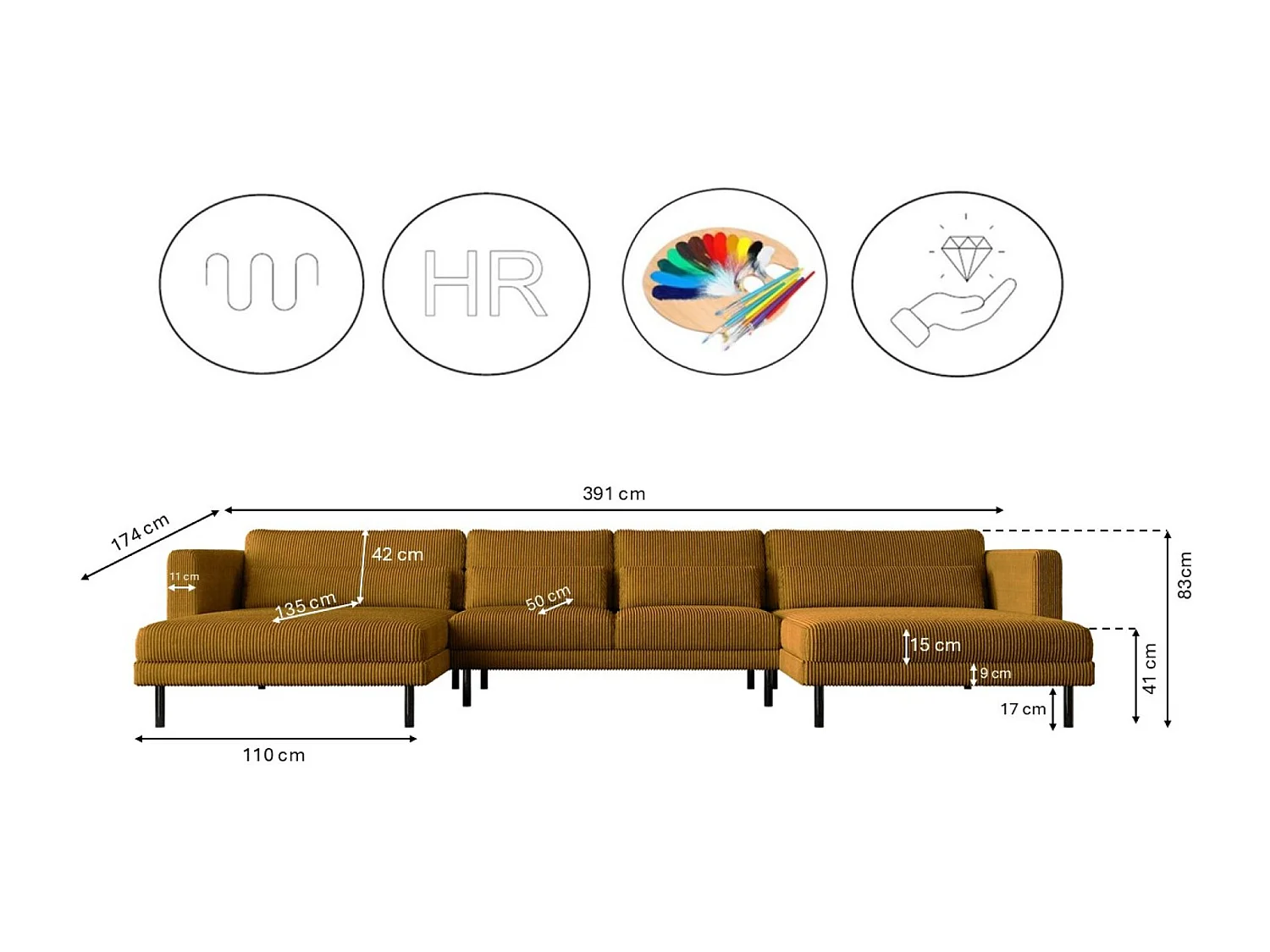 Canapé d'angle DANI en U Tissu élégant Poso couleur moutarde