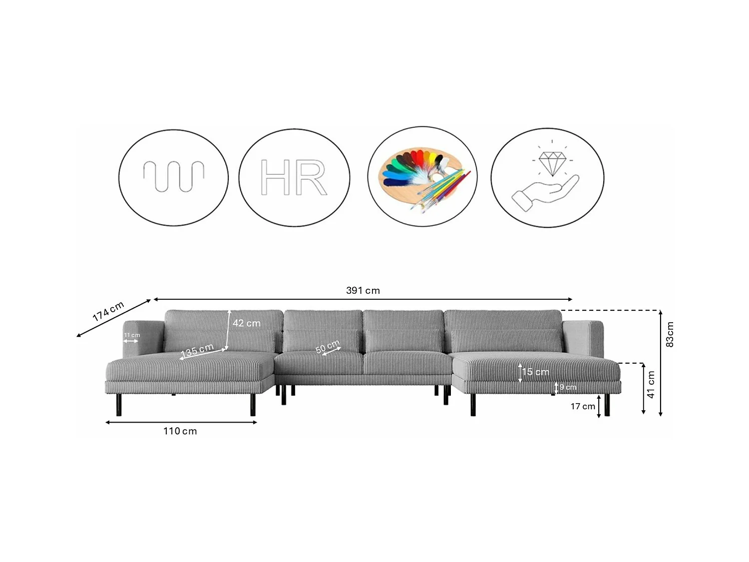 Canapé d'angle DANI en U Tissu élégant Poso Silver