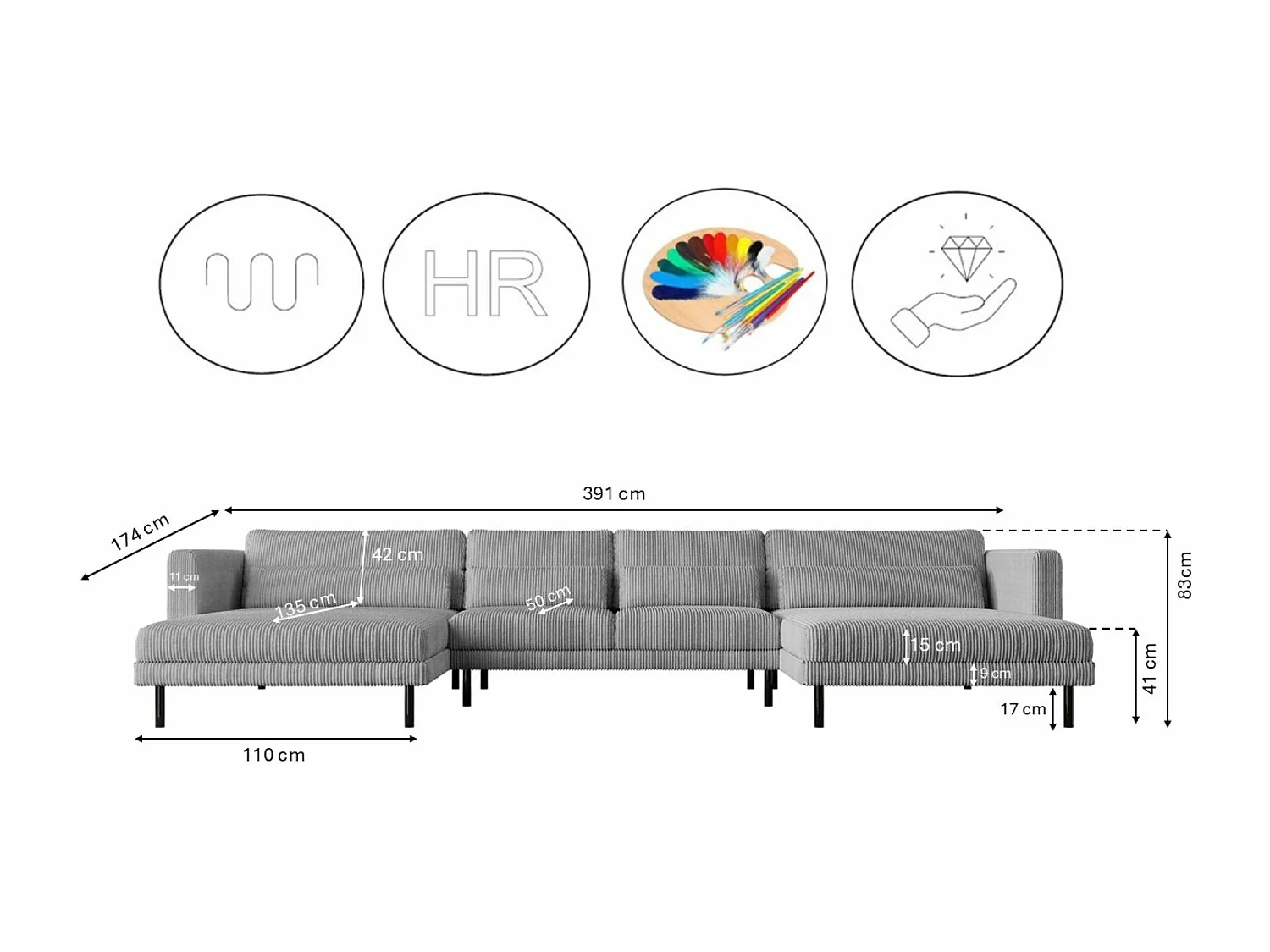 Canapé d'angle DANI en U Tissu élégant Poso Silver