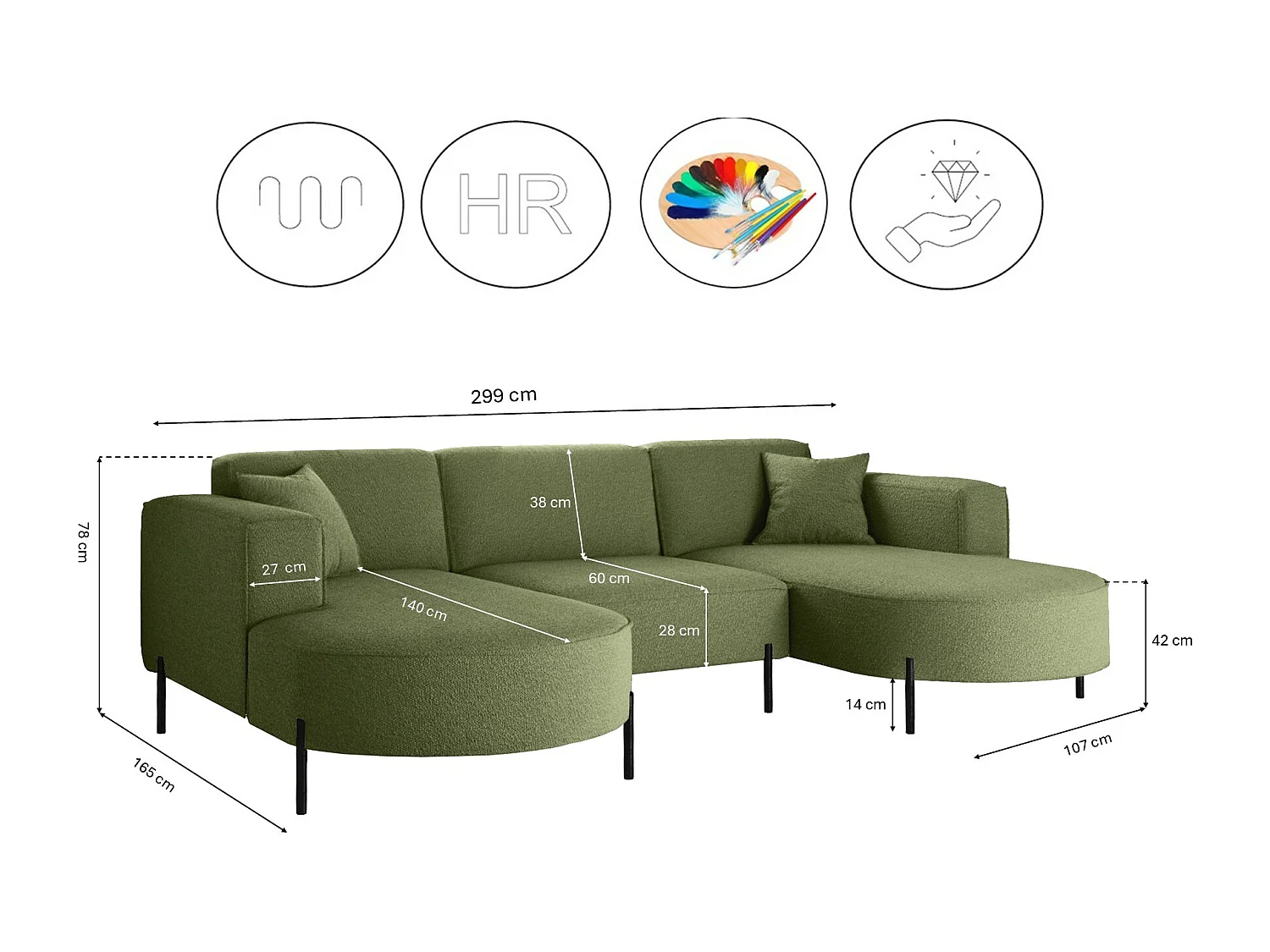 Canapé d'angle, Canapé Designer Modena U Pure tissu Quelle Olive