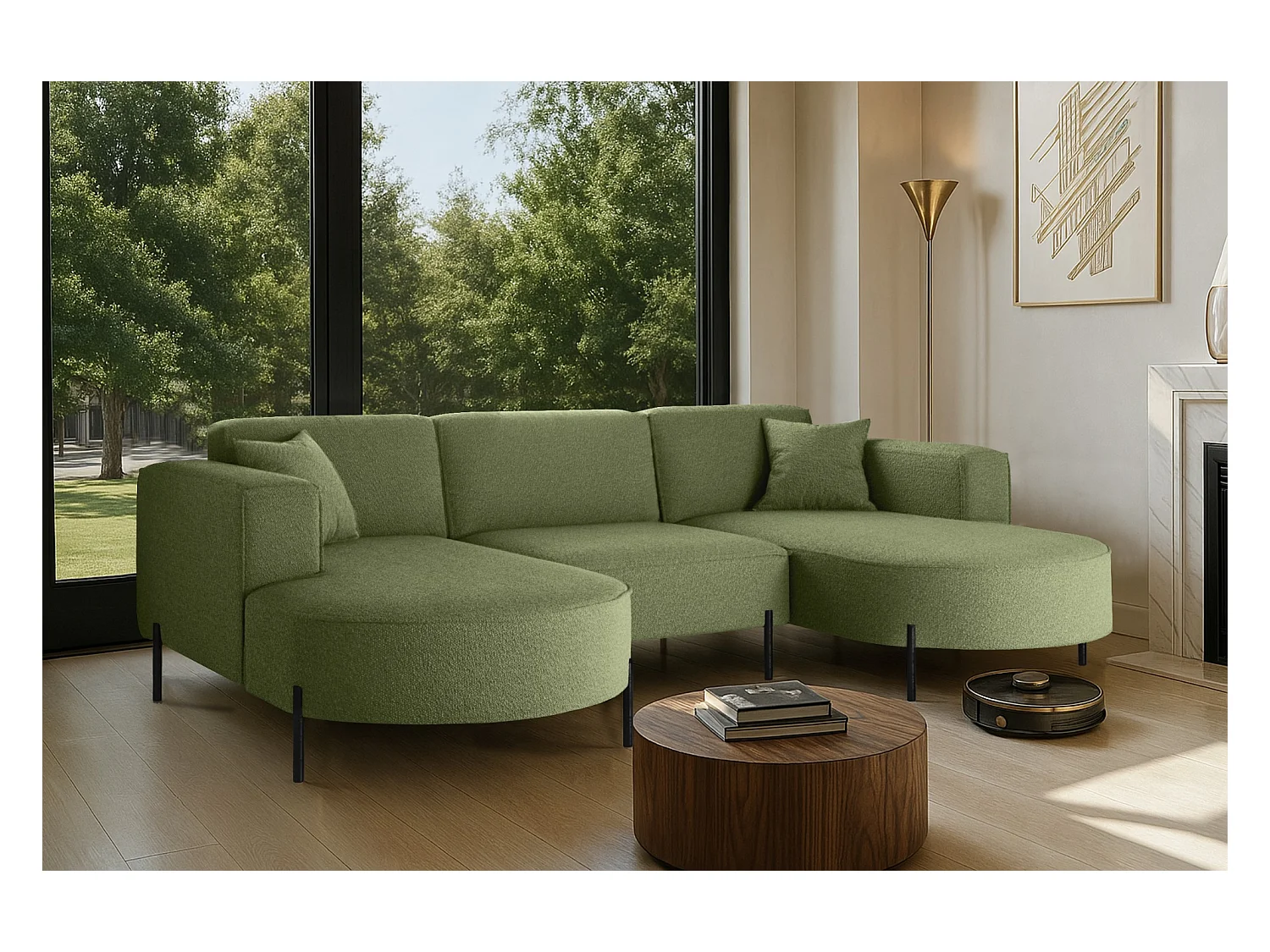 Ecksofa, Sofa Designer Modena U Rein stoff Quelle Olive