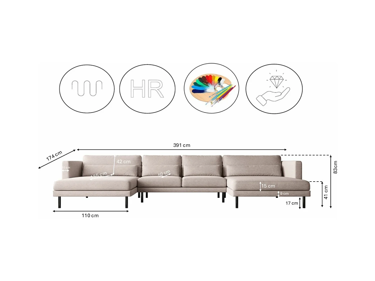 Canapé d'angle en U DANI en tissu Verita Beige