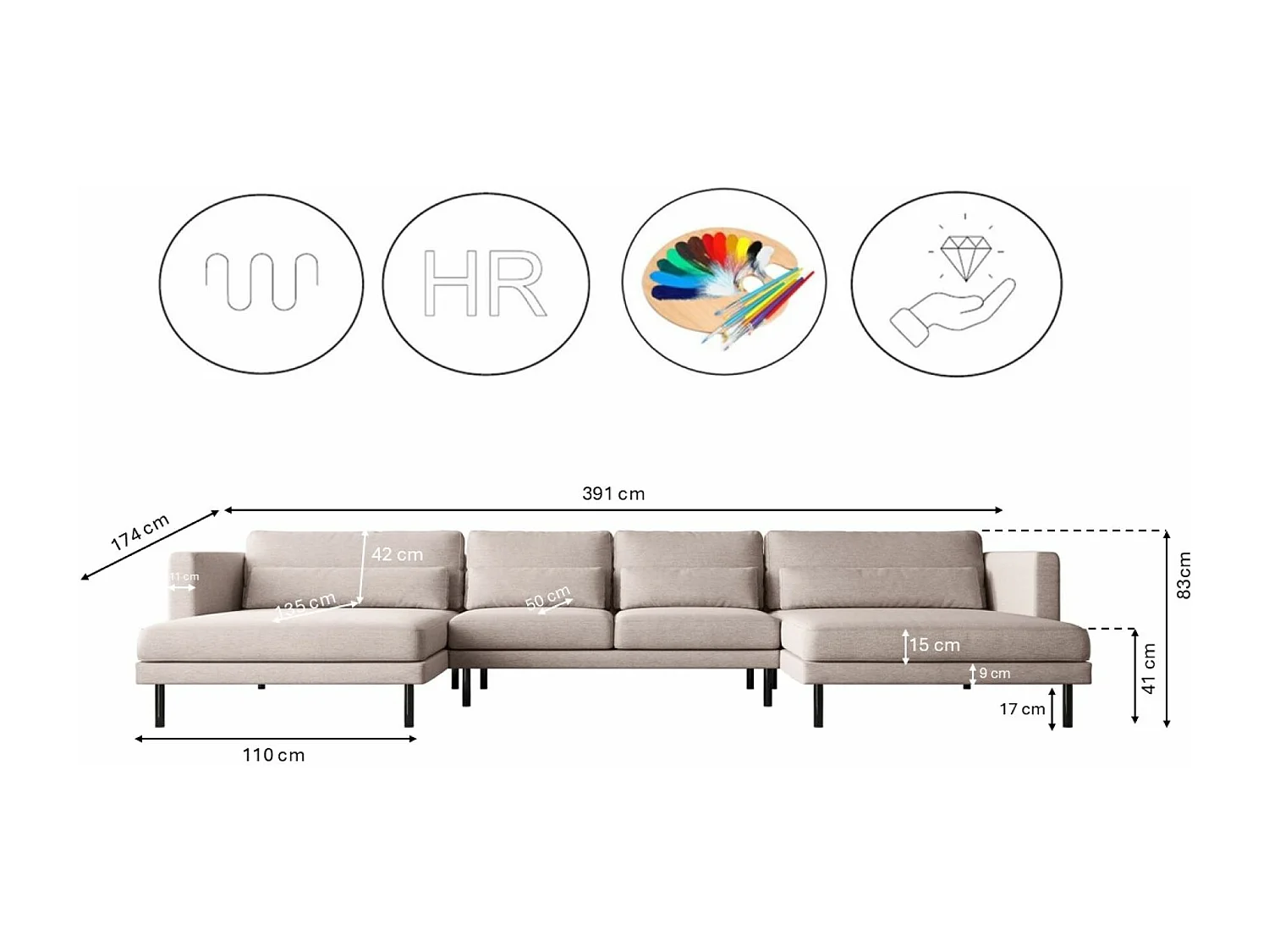 Canapé d'angle en U DANI en tissu Verita Beige