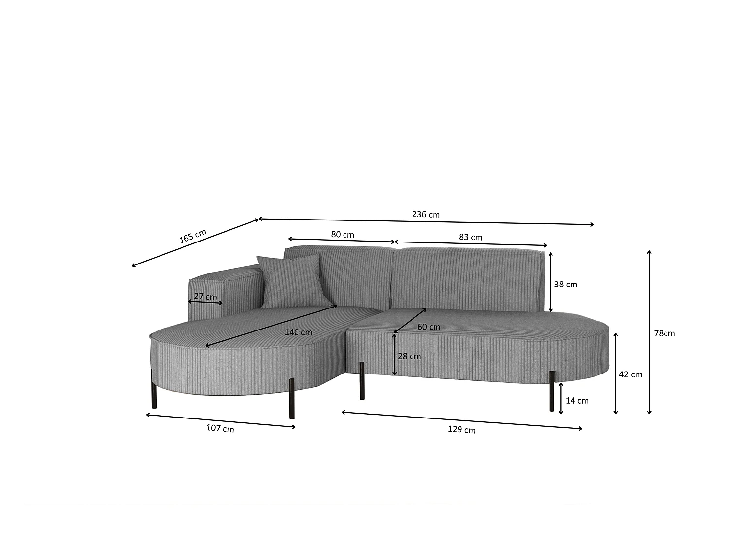 Canapé d'angle, canapé en L, designer Modena, tissu pur, Poso Silver, gauche