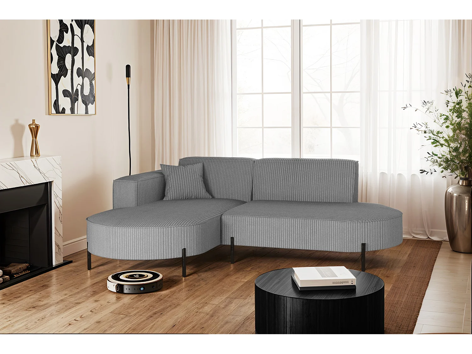 Canapé d'angle, canapé en L, designer Modena, tissu pur, Poso Silver, gauche