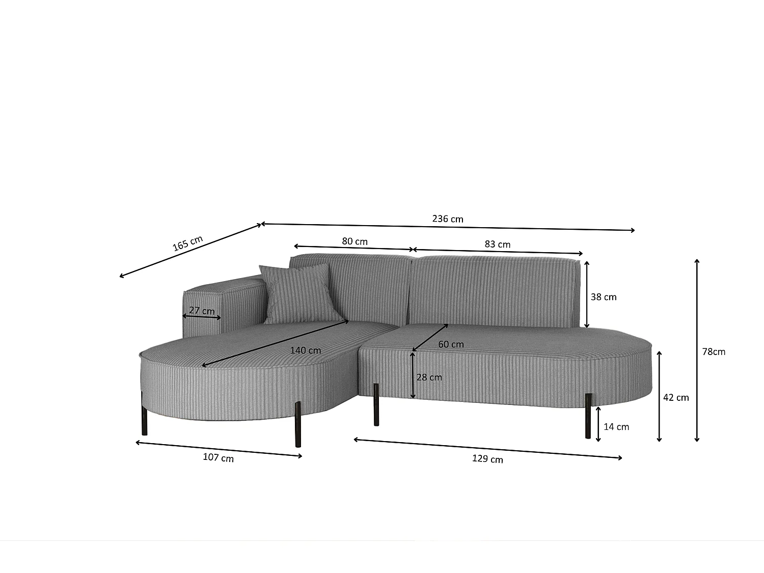 Canapé d'angle, canapé en L, designer Modena, tissu pur, Poso Silver, gauche