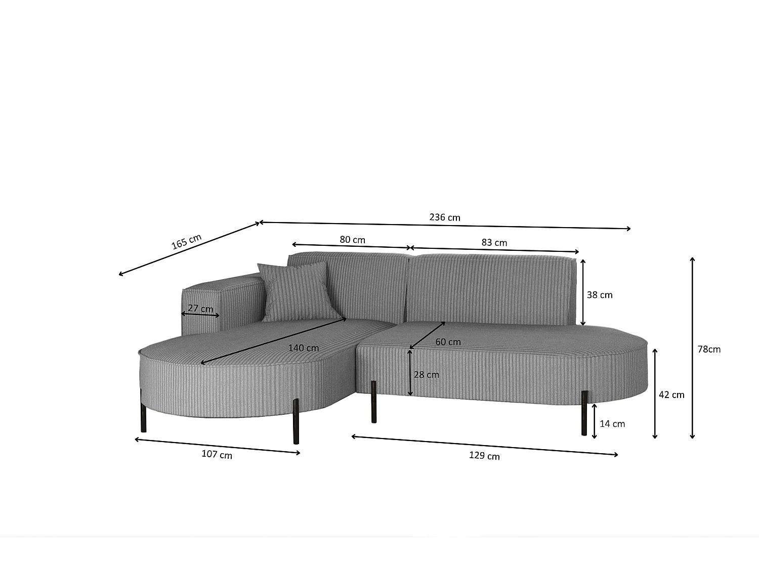 Canapé d'angle, canapé en L, designer Modena, tissu pur, Poso Silver, gauche