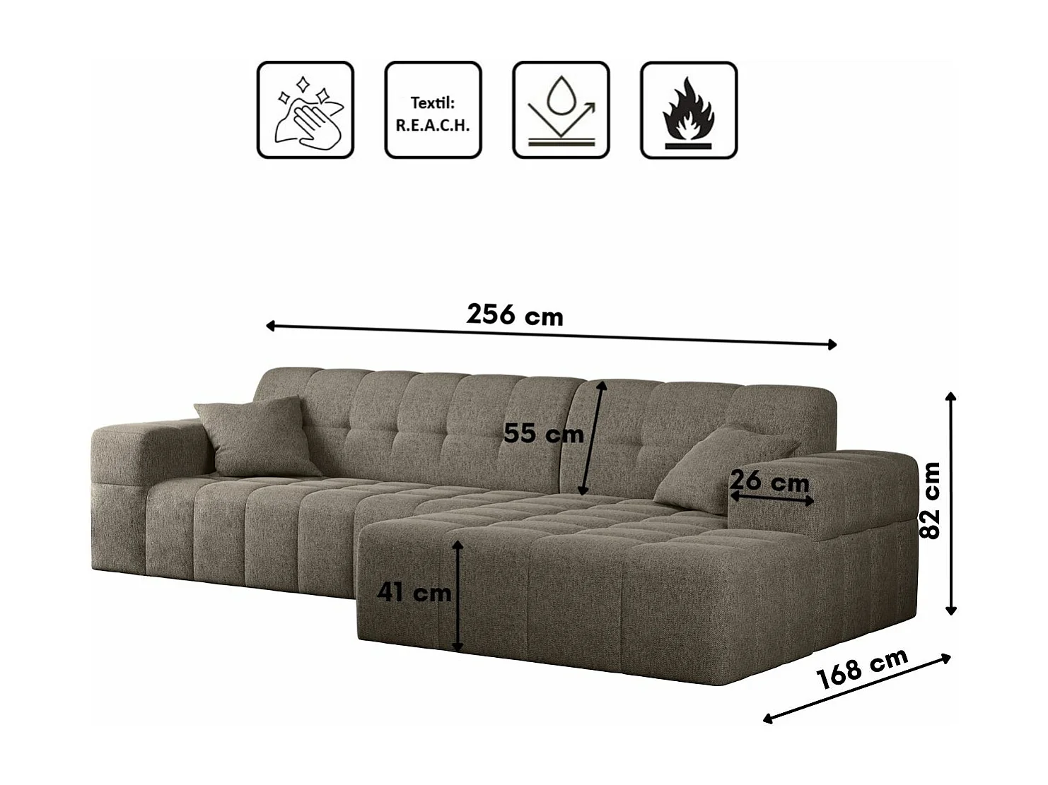 Ecksofa Eckouch Wohnzimmer NIMES Stoff Verita Dunkelbeige Rechts