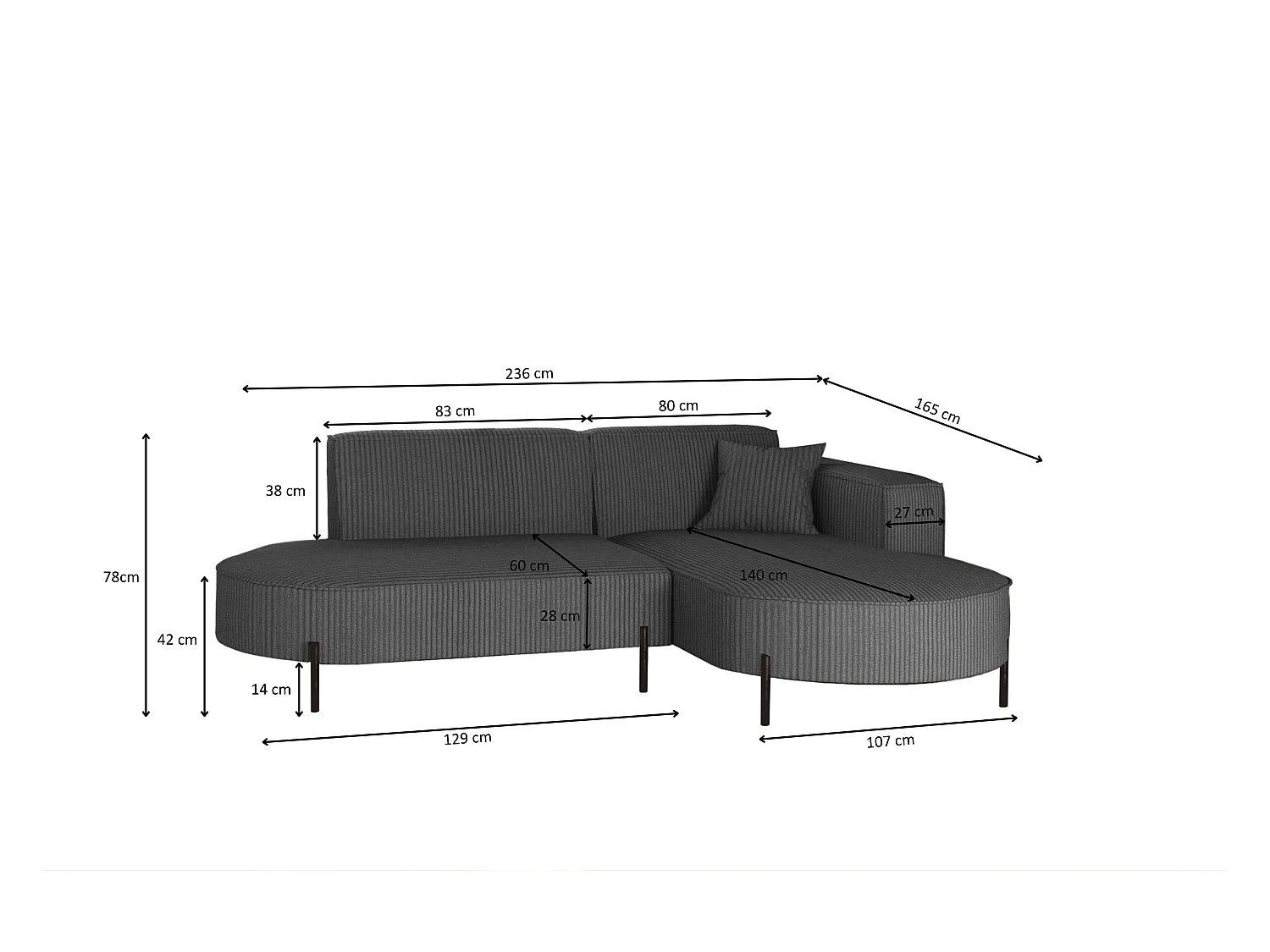 Canapé d'angle, canapé en L design Modena tissu pur Poso Graphite Droite