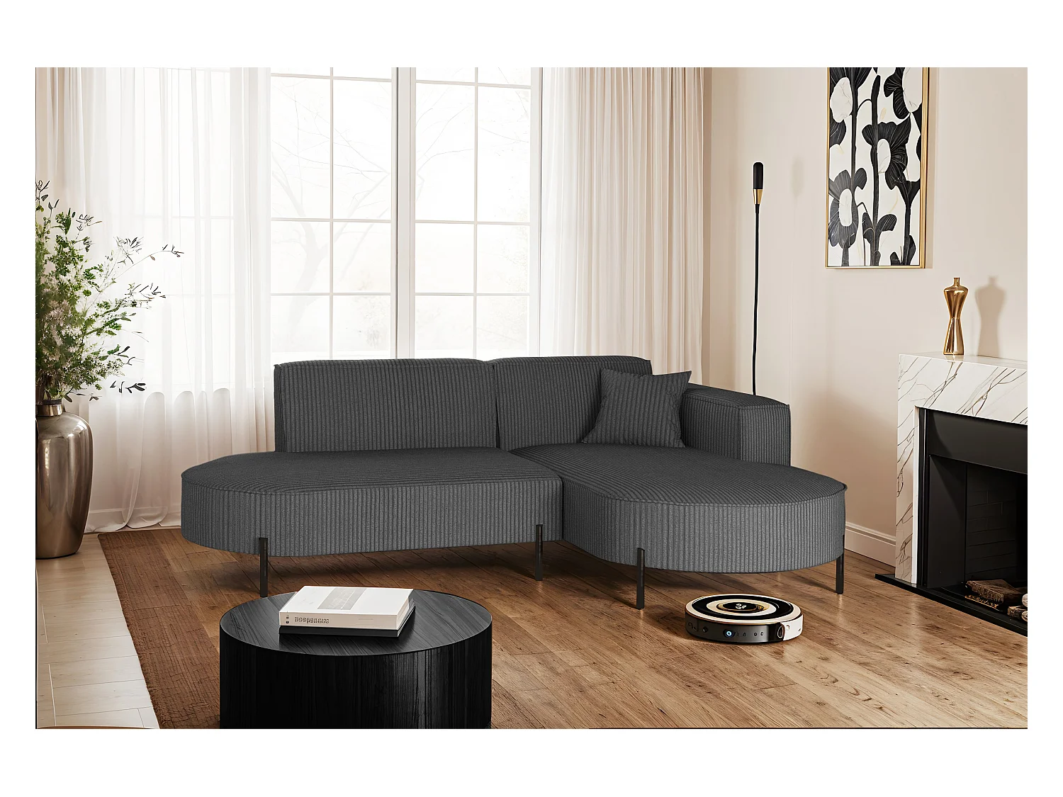 Ecksofa, Sofa L-Form Designer Modena Rein stoff Poso Graphit Rechts